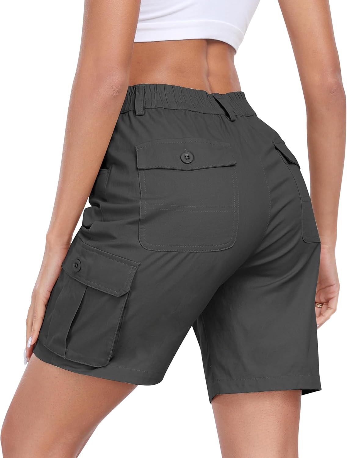 MoFiz Women's Cargo Shorts Bermuda Shorts Button Pockets Elastic Waist Knee Length Long Hiking Casual Shorts for Summer