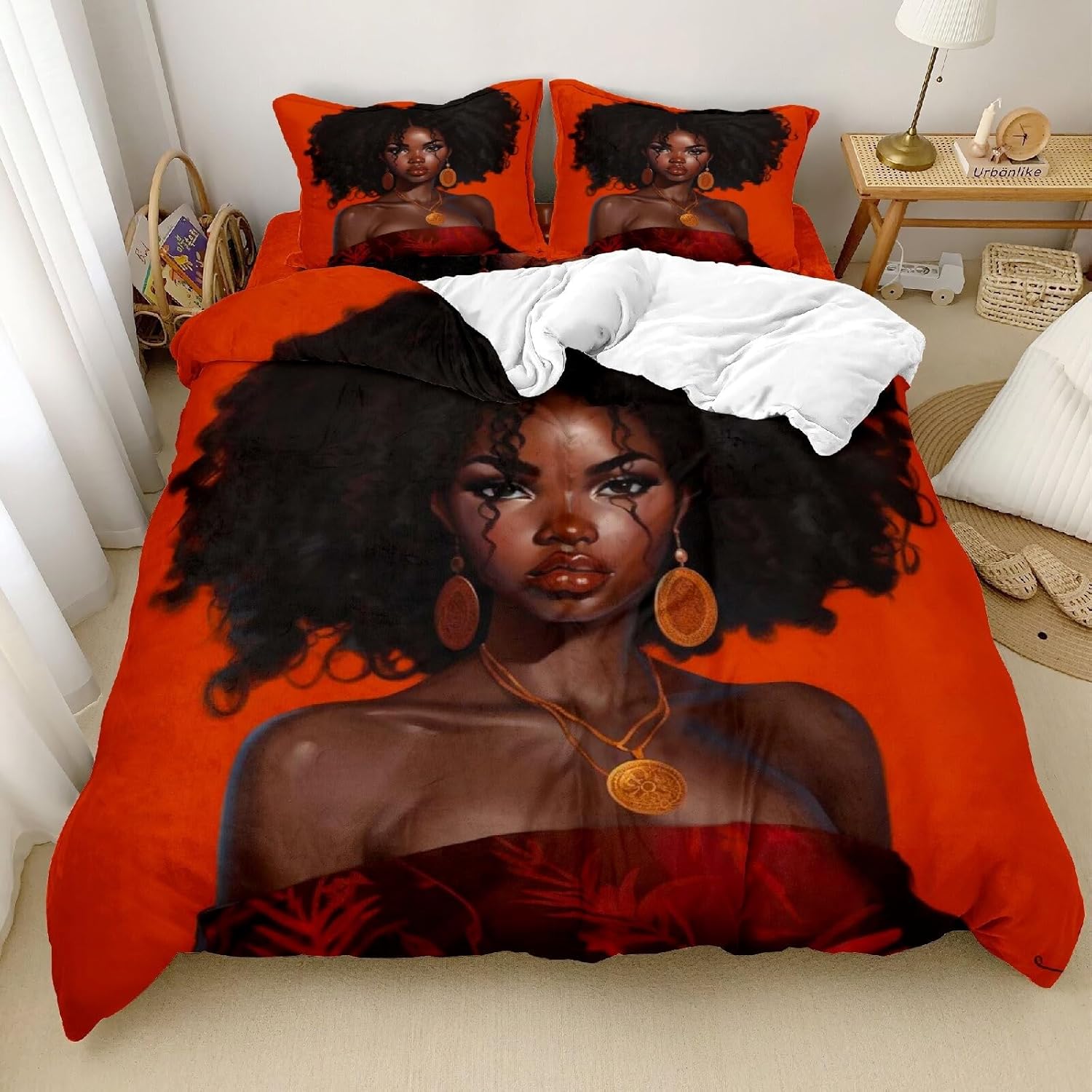 Black Girl Velvet Duvet Cover Set Twin for Girls, Black Girl Magic Velvet Duvet Cover Set for Black Women, Black Tangerine White Bedding Set, African American Girl Bed Bedroom Set