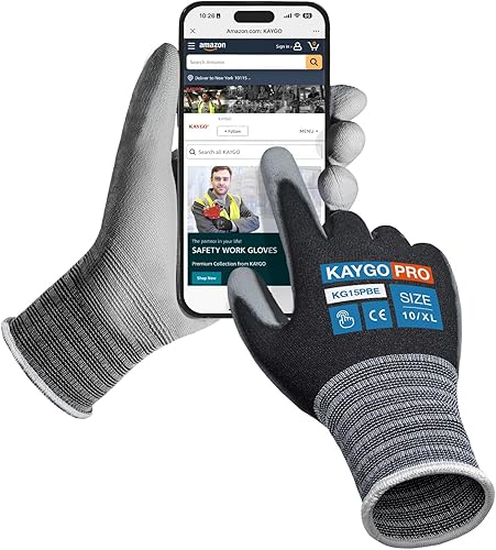 Vista 10 de KAYGO Guantes de trabajo con revestimiento de poliuretano, 12 pares, KG15P, forro de nailon con revestimiento flexible de poliuretano, guantes