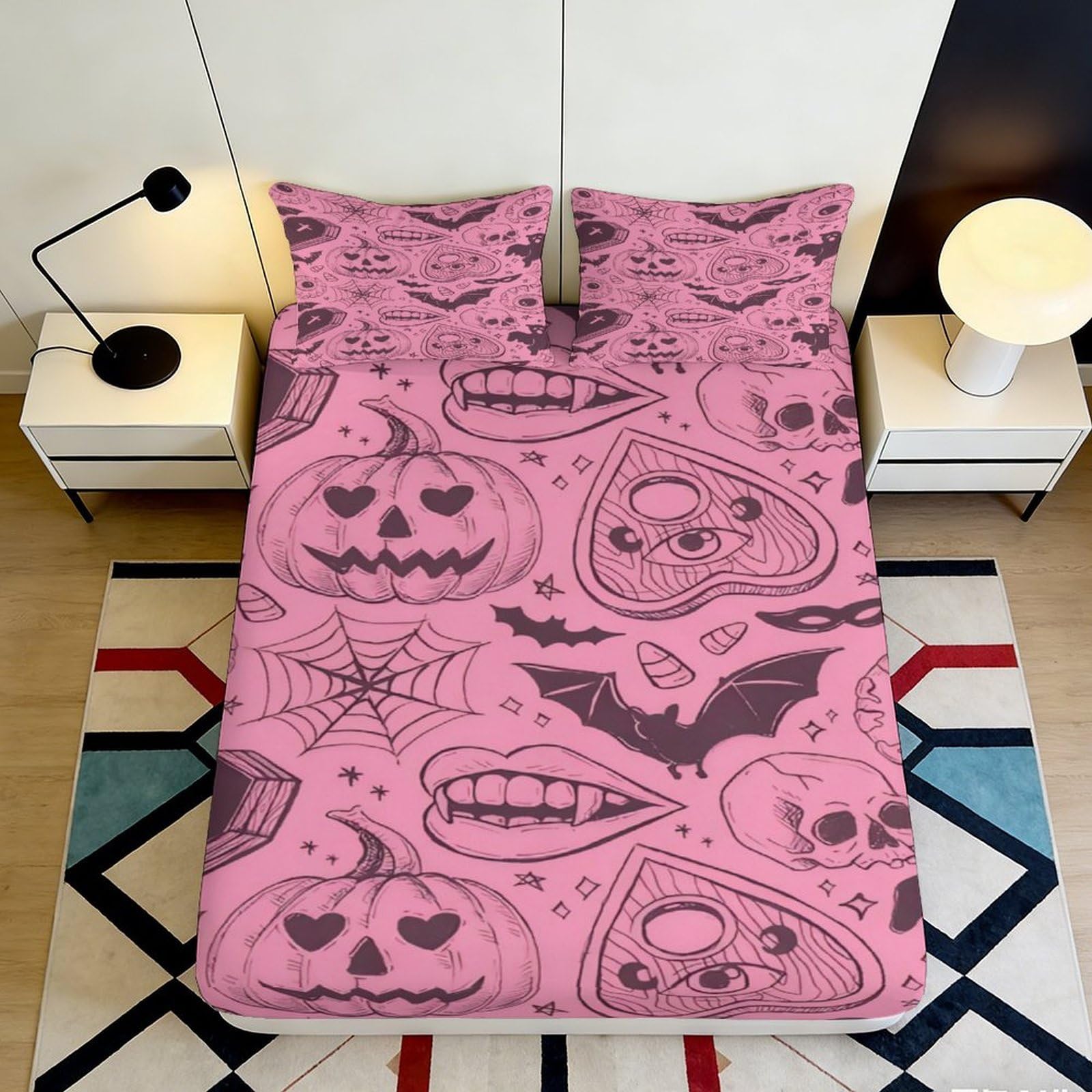 3D Printed Pink Halloween Pumpkin Fitted Sheet Microfiber Decor Bat Skull Bed Cover for Bedroom Dorm Mattress Protection 90x200x25cm