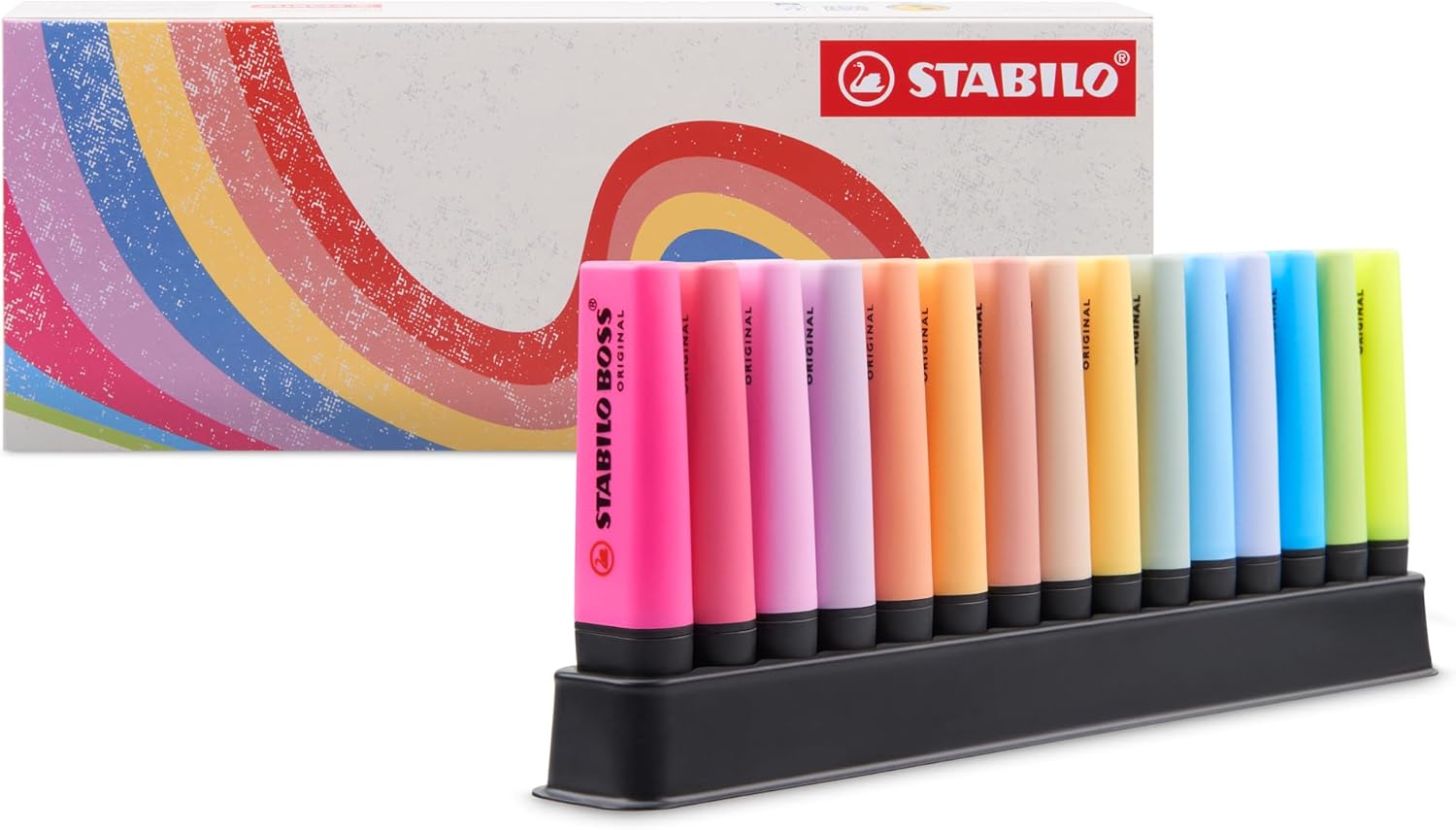 STABILO - Boss Original Highlighters - Set of 15 with Desk Organiser - 3 Bright Colours, 9 Pastel Colours and 3 Highlighters in Natural Tones -