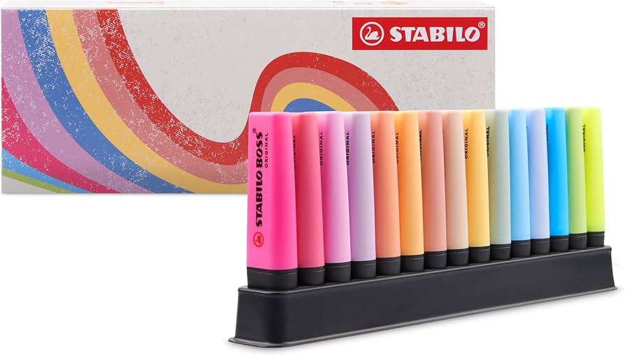 Amazon.com: STABILO - Boss Original Highlighters - Set of 15 with Desk  Organiser - 3 Bright Colours, 9 Pastel Colours and 3 Highlighters in  Natural Tones