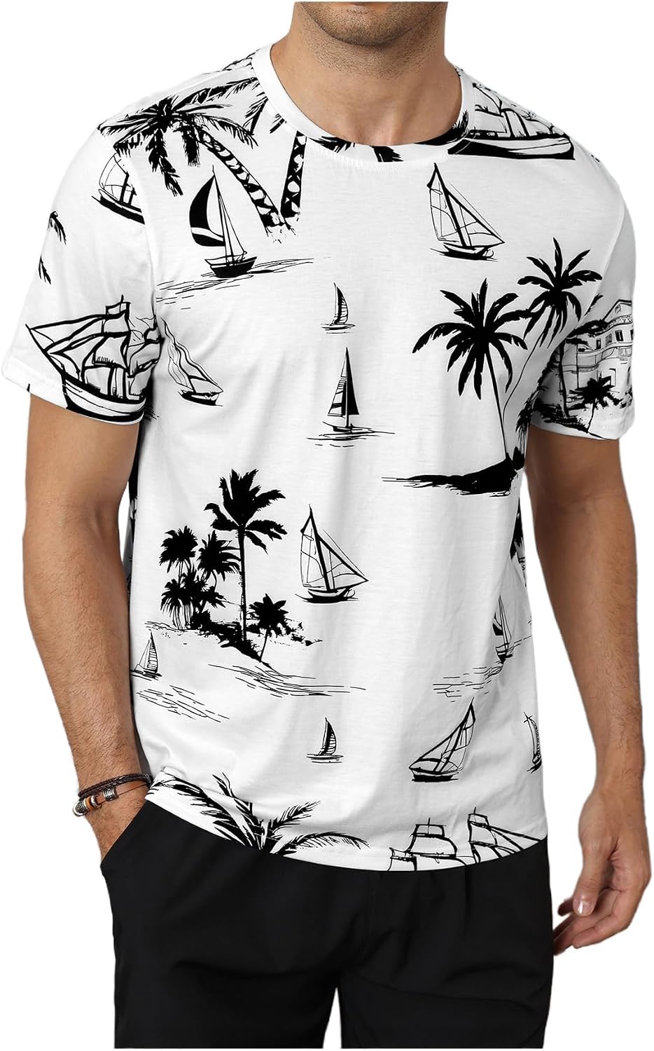 VIPWOLF Men's 2 Piece Short Set Short Sleeve Tropical Graphic T Shirts and Drawstring Pocket Shorts Tracksuits
