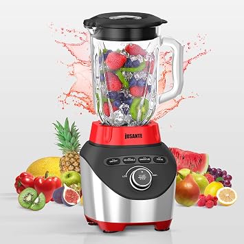 JUSANTE Blender, Countertop Blender for Smoothies with 64 oz Glass Jar Kitchen, 1200 Watts High Speed Juicer Blender Ice Crusher for Shakes Frozen Drinks Red