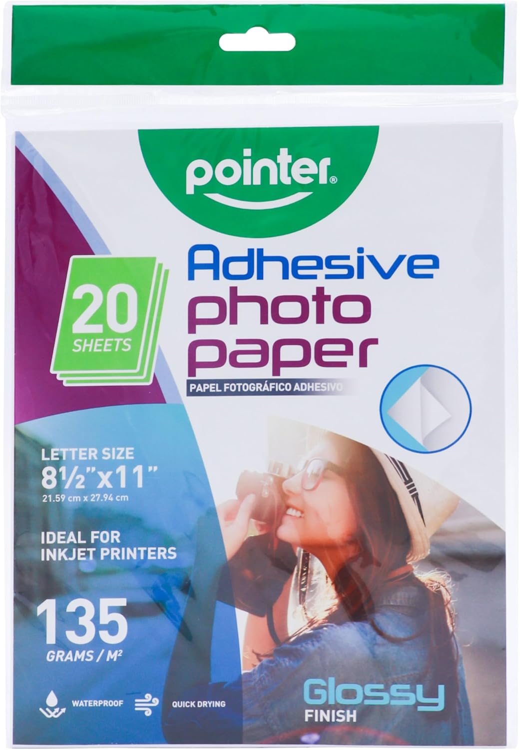 Pointer Adhesive Photo Paper, Inkjet Printers, 8.5 x 11 inches, 135 GSM, 20 Sheets, Glossy, Quick Drying (12)
