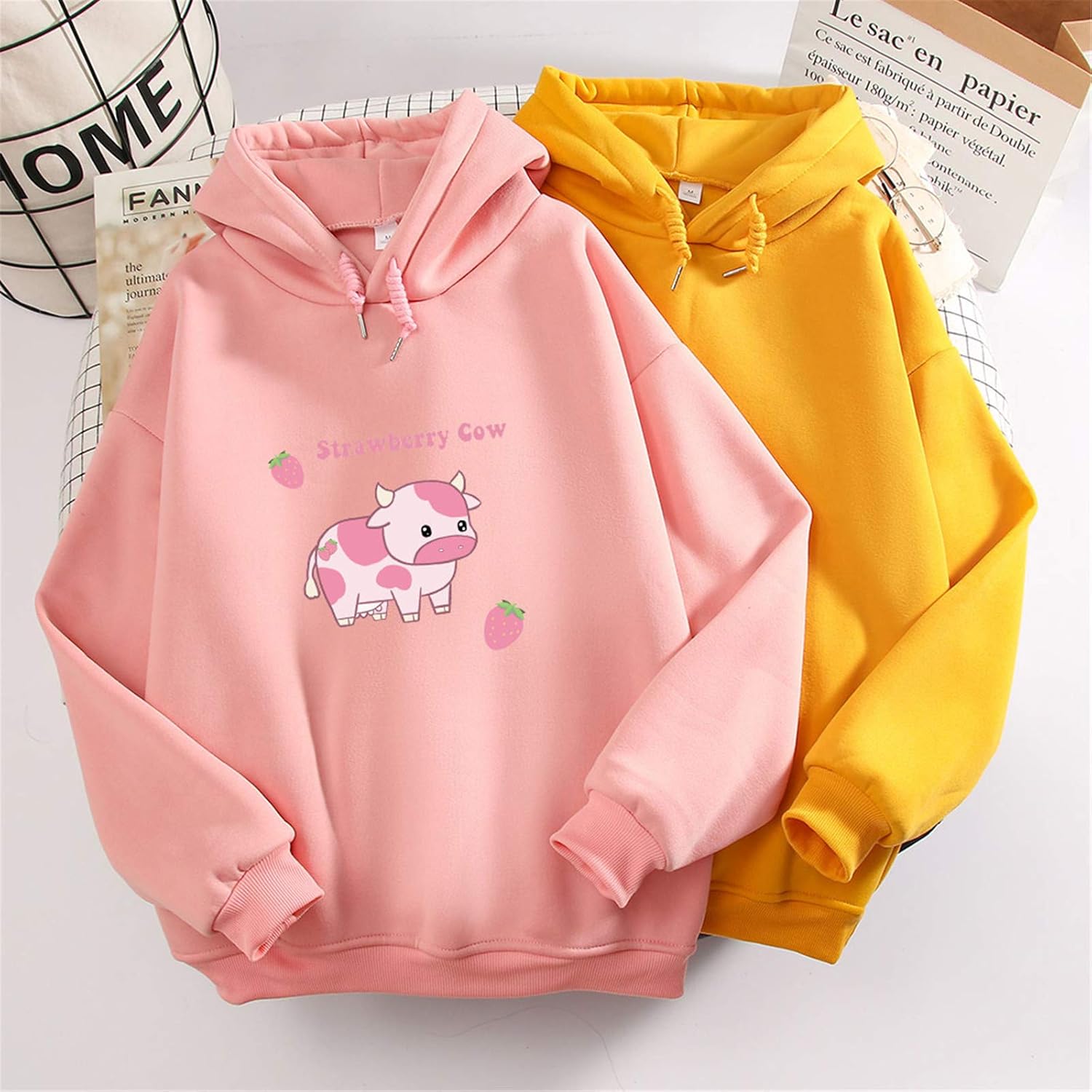 KEEVICI Pullover Sweatshirts for Women Cute Strawberry Cow Print Hoodie Casual Fuzzy Top - Image 4