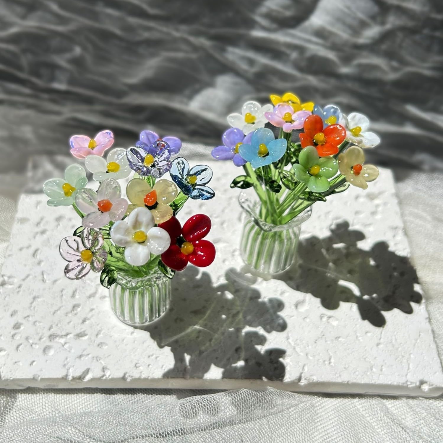 14Pcs Mini Glass Flowers Bouquet Colorful Hand Blown Glass Flower with Vase Artificial Daisy with Stems for Mini Vase Decor, Mother’s Day, Birthday Gift,DIY Crafts