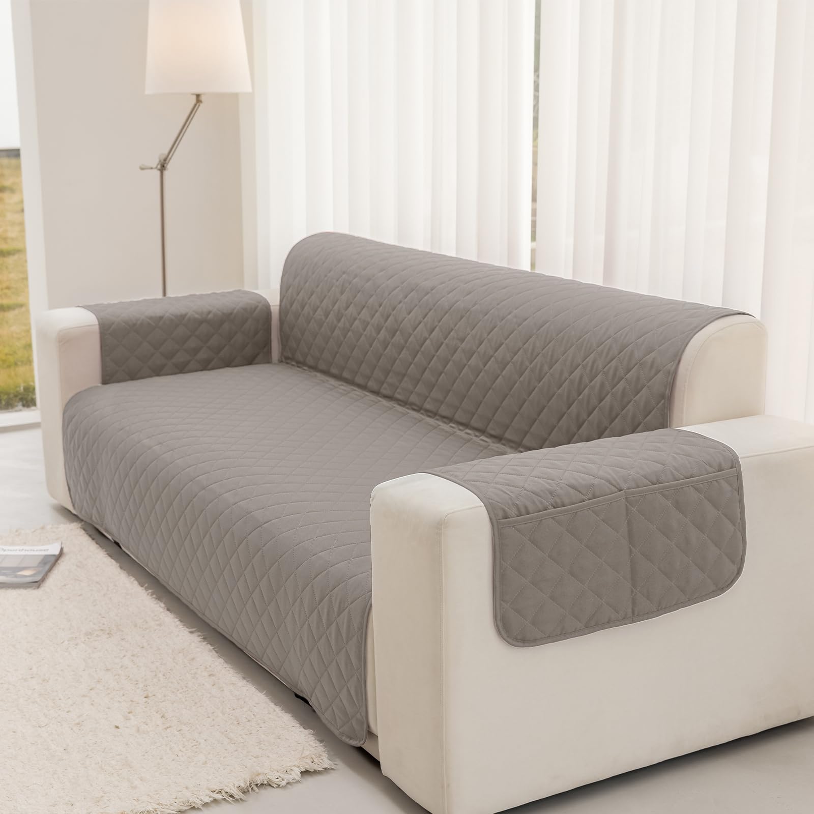 Funda de Sofa 4 Plazas 220 cm Impermeable, Fundas de Sofa Anti Gatos con Brazos, Protector Sofa Universal Reversible, Gris Claro
