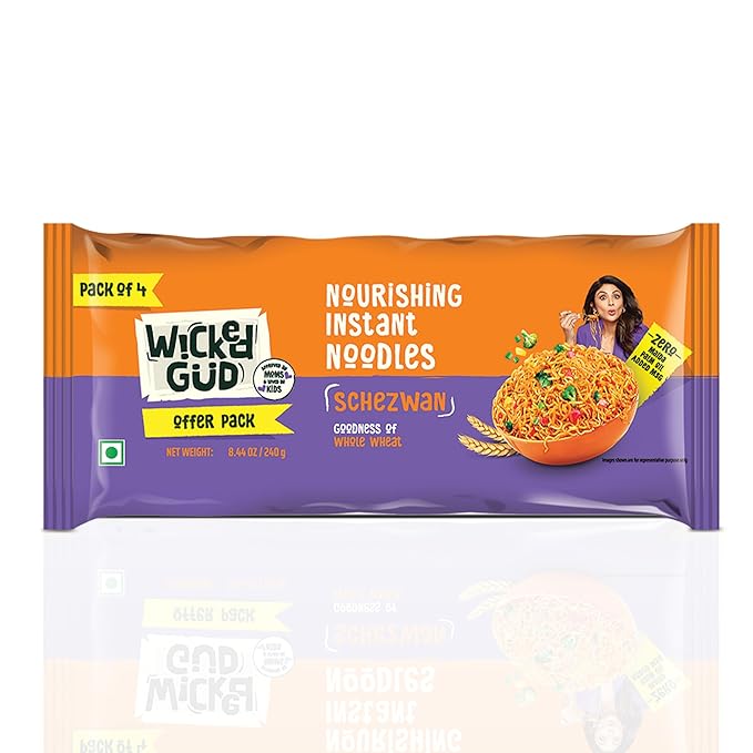 Wickedgud Whole Wheat Schezwan Noodles 240g (Pack of 4) | No Maida | No Palm Oil | Source of Protein