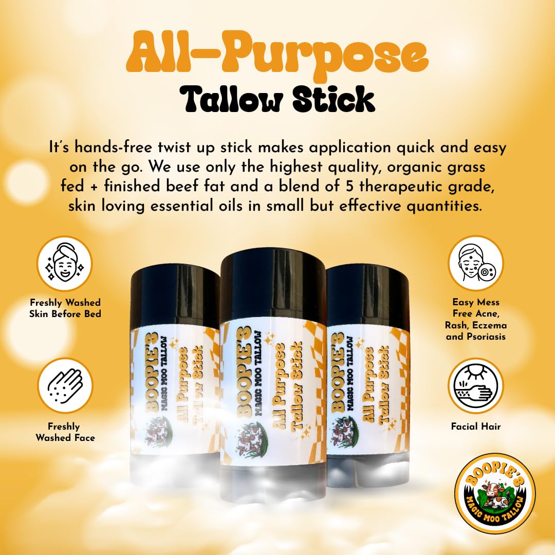 Magic Moo All Purpose Beef Tallow Stick skincare for acne, eczema, dry skin, moisturizer & hydration. Grass Fed & Finished Beef Suet Beef Tallow in a stick.