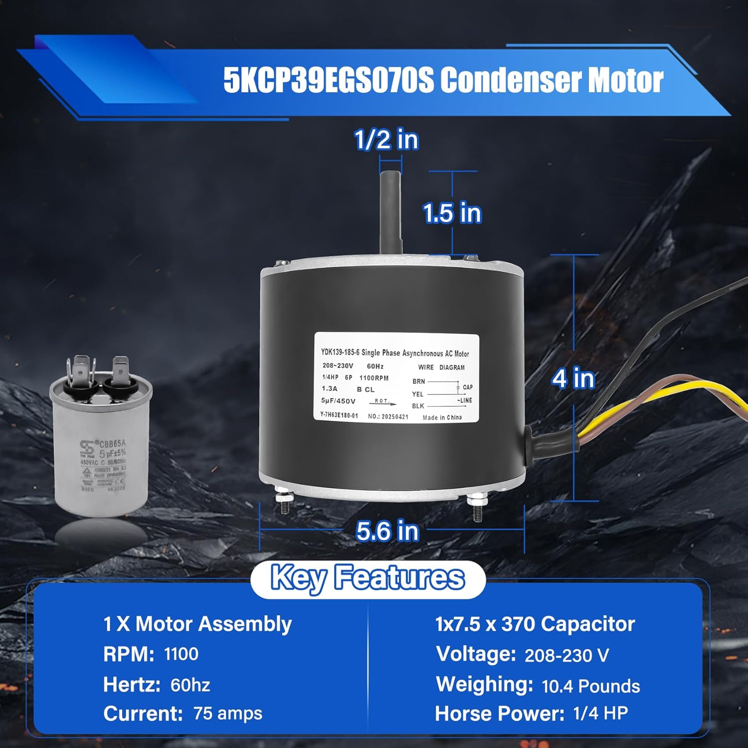 5KCP39EGS070S Fan Motor Compatible with Genteq GE3905/Dayton 6DLL0/Bryant Payne HC39GE234A,5KCP39EGY823S Condenser Motor,1/4HP 1100RPM 208-230V