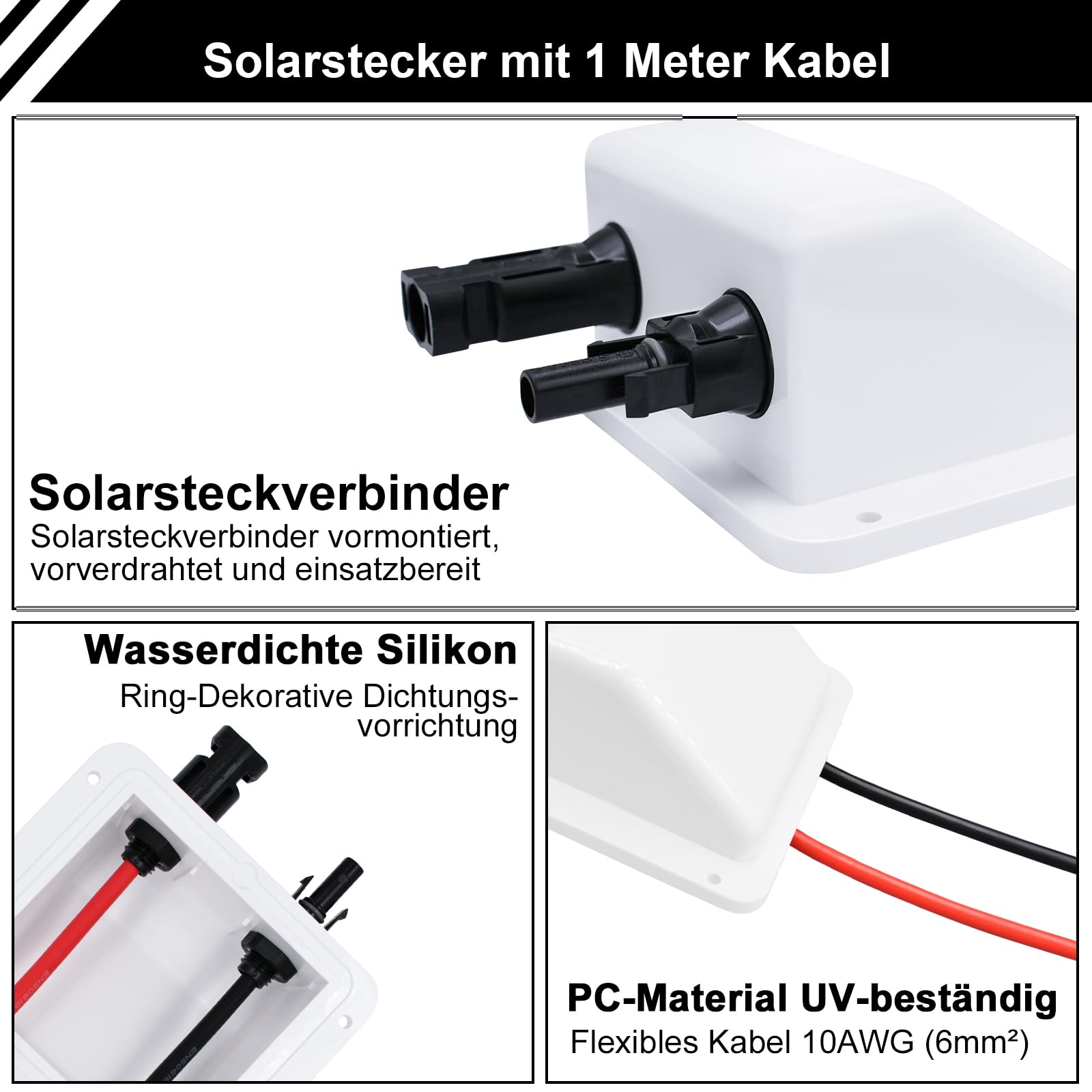 Solar Doppel Kabeldurchführung mit 6mm² 1m kabel, Dachdurchführung Solar Wasserdicht mit Solarpanel Steckver, Solar Kabeldurchführung für Wohnmobil, Boote, PV-anlage und Camper(Weiß)