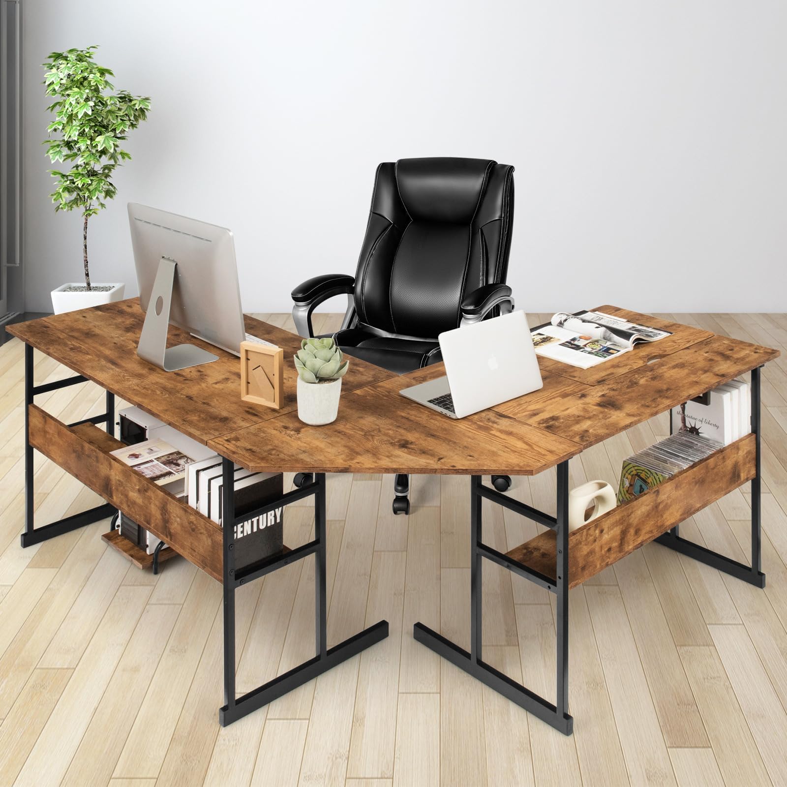 COSTWAY L-förmiger Schreibtisch, Eckschreibtisch aus Holz mit neigbarer Tischplatte, 2 Ablagen & CPU-Ständer, Computertisch für Zuhause & Büro, 170 x 150 x 75 cm (Braun)