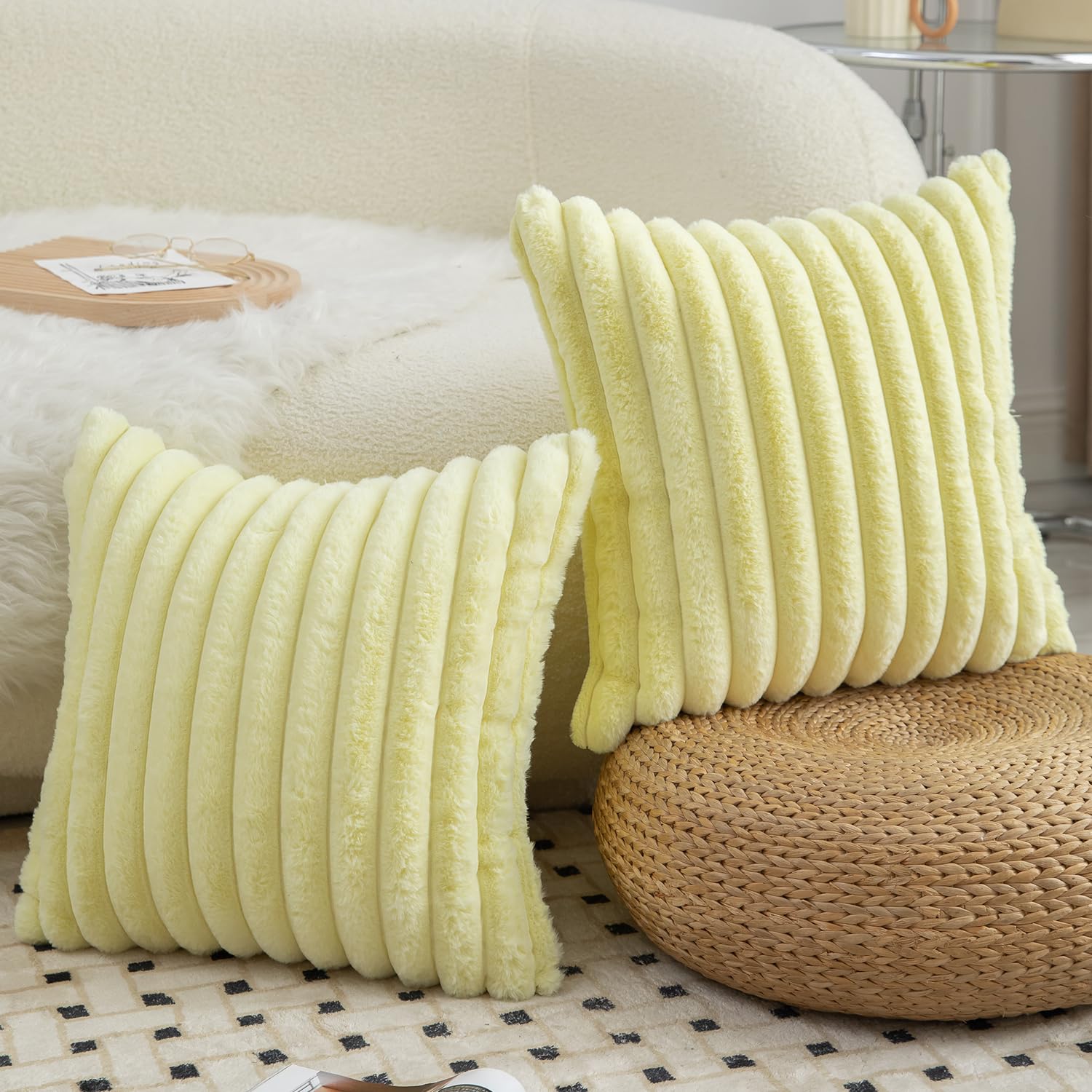 Mandioo Pack of 2 Decorative Cushion Covers 30cm x 50cm Faux Fur Striped Plush Soft Throw Pillow Covers Pillow Cases Bedroom Living Room Sofa Home 20x20 Inch Yellow - Image 4