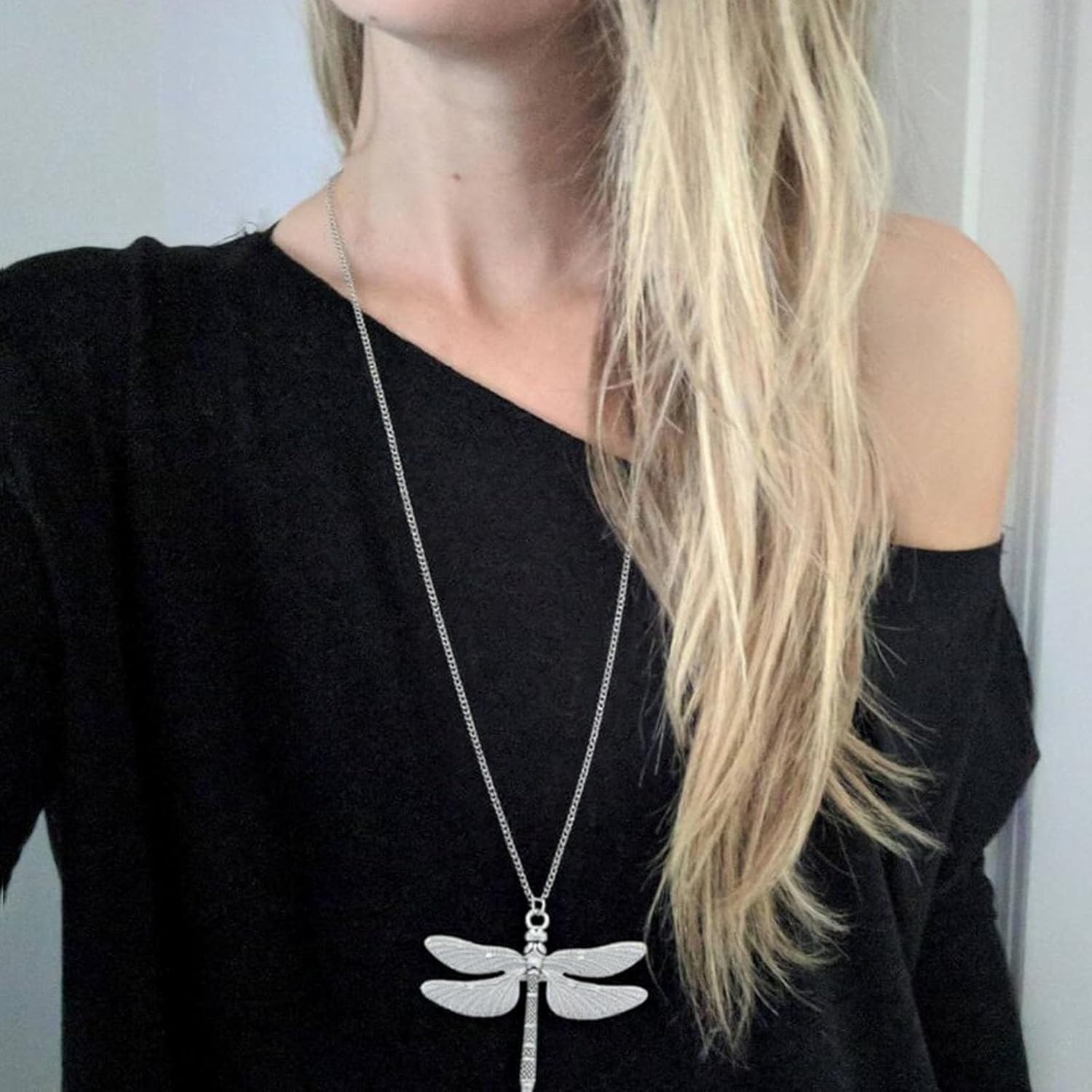Vintage Long Dragonfly Necklace Large Dragonfly Pendant Necklace Silver Long Necklaces Chain Flying Animal Necklaces Jewelry for Women - Image 2