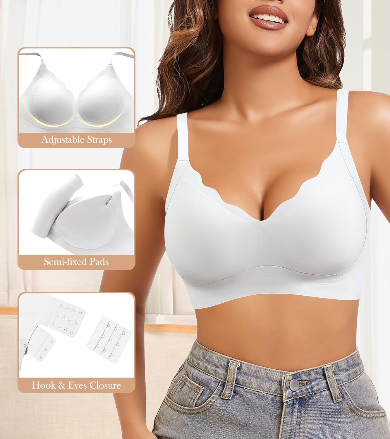 Seamless Bras for Women, Wireless Scalloped V-Neck Push Up Full Coverage Bra, Comfort Everyday Tshirt Bralette - Image 4
