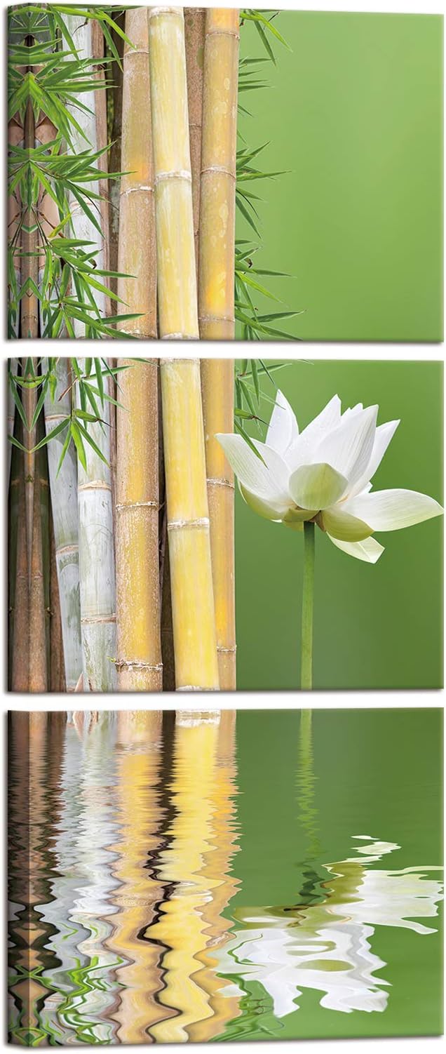 iKNOW FOTO Canvas Wall Art White Lotus and Zen Green Bamboo Picture Modern Wall Decor Gallery Canvas Wraps Giclee Print Stretched and Framed Ready to Hang Each Panel 12x16