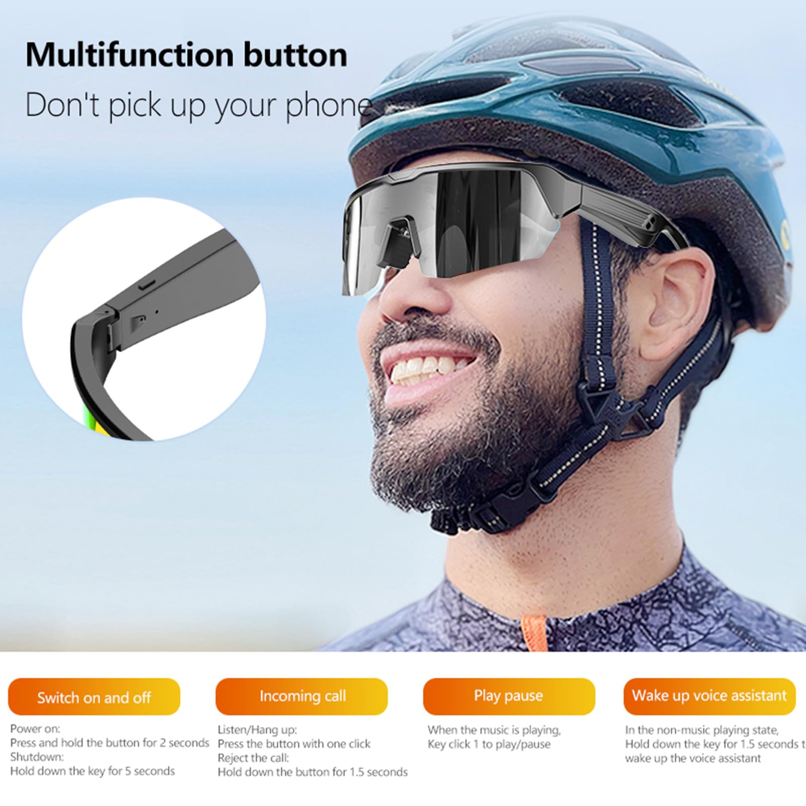 Tosuny Gafas de Sol de Deportes Inteligentes, Vasos de Audio Bluetooth con Protección UV400 y Lentes Anti-Impactos, Altavoz y Micrófono de Oído Abierto, Asistente de Voz, para Deportes (Silver)