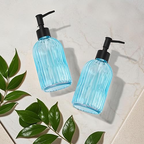 Miniatura 9 de Paquete de 2 dispensadores de jabón de vidrio a rayas con bomba de plástico negro, dispensador de jabón líquido de manos de 13.5 fl oz, bomba a