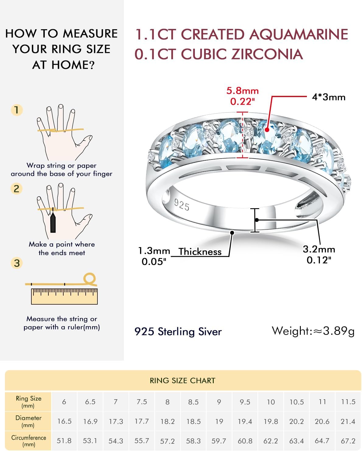 DAYBYDAY Oval Band Rings for Women, 925 Sterling Silver/14k Gold Plated Half Eternity Ring, Aquamarine/Ruby/Emerald/Sapphire Birthstone Rings, Thick Band Gemstone Anniversary Ring Size 6 to 10 - Image 6