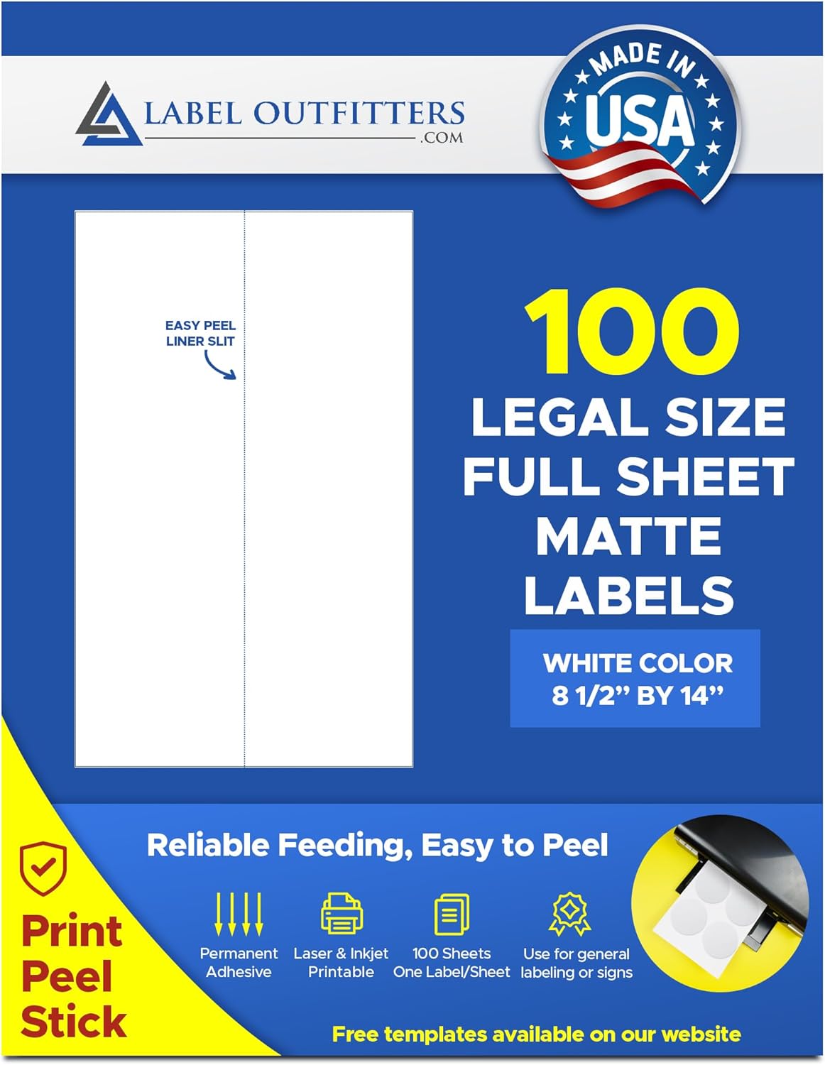 100 Label Outfitters® Legal Size, 8.5 x 14, White Laser and Inkjet Printable Labels