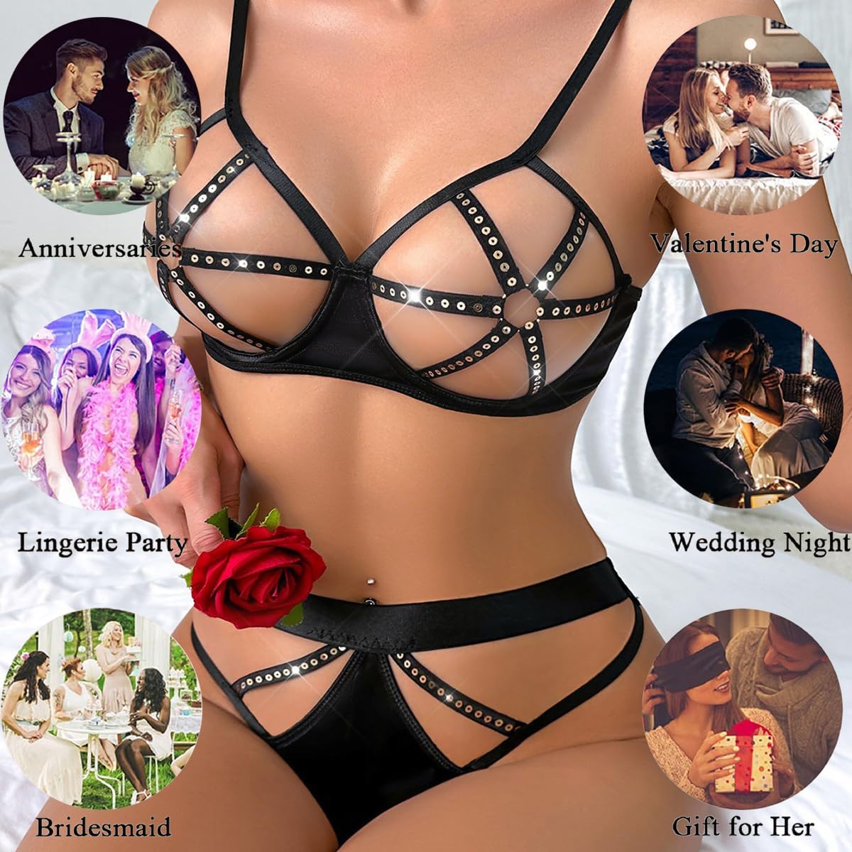 Women’s Lingerie Set Sexy Hollow-out Bra Panty Sets Cutout 2 Pieces Naughty Valentines Sleepwear Strappy Underwire Bralette Sequin Underwear Outfit Push Up Bras + Mesh Knicker Thong Black