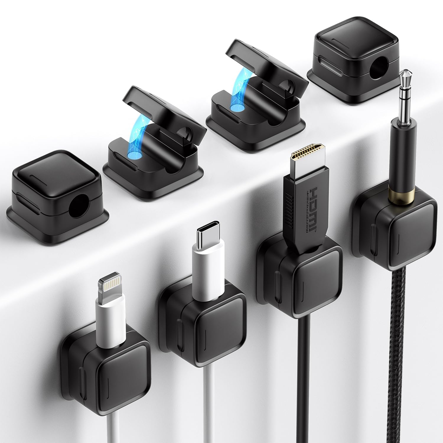 Magnetic Cable Holder for Wall & Desk – Self Adhesive Cable Organizer Clips for Charging Cables, USB, Type C, Lightning, HDMI (Black 8)