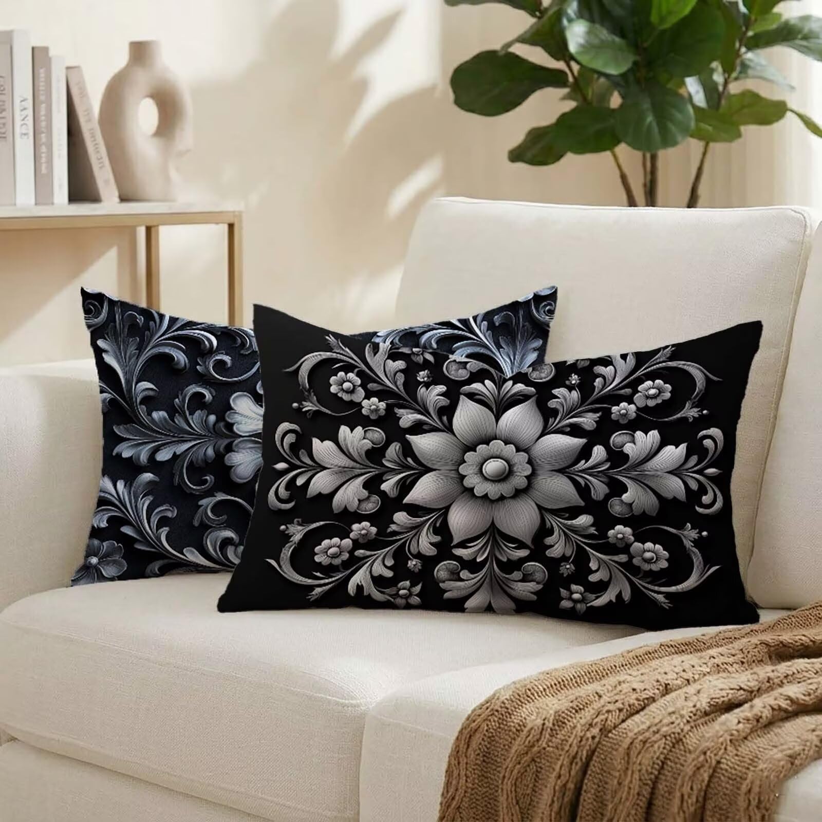 Coussin exterieur impermeable noir 50x80 housse de coussin canape lot de 2 rectangulaire lin