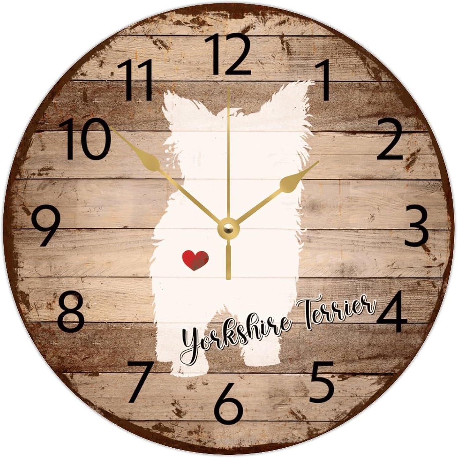 12 Inch Silent Non-Ticking Wall Clocks Battery Operated Yorkshire Terrier Home Decor for Hotel Puppy Lover Pet Gifts Beautiful Round Wooden Wall Clock Country for Children's Room Fitness Room