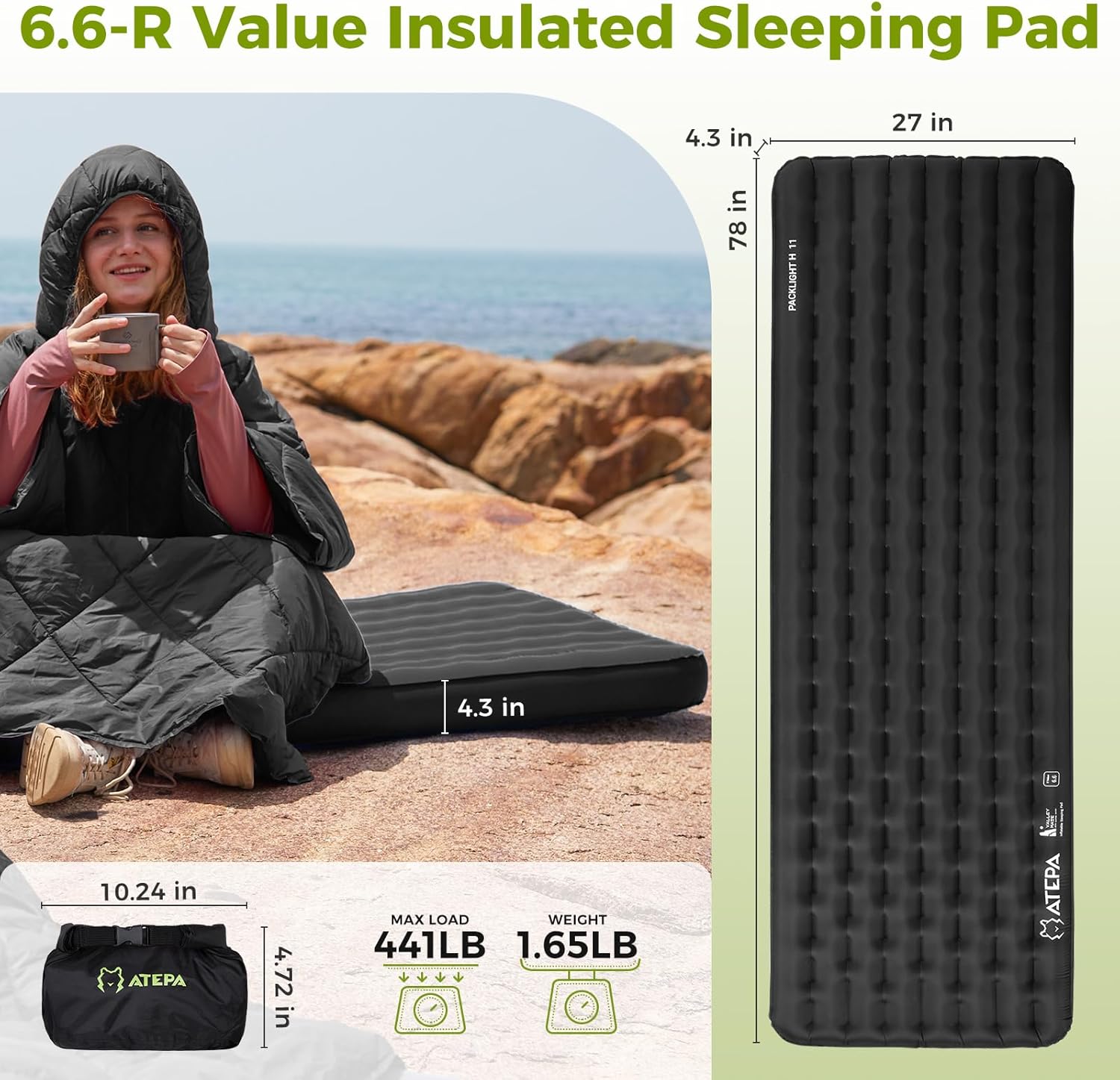 ATEPA ThermAir Pro Backpacking Inflatable Sleeping Pad, 6.6 R-Value Insulated Ultralight Portable Camping Pad Thick Camping Mat for Camping Backpacking Tent, Wide Long Size 78"x27", Black