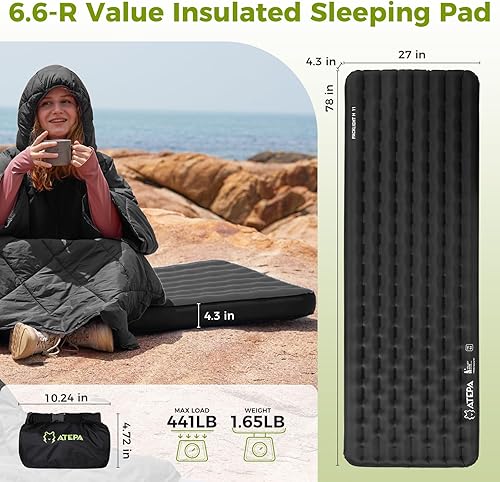 Miniatura 3 de ATEPA ThermAir Pro - Almohadilla de dormir para mochilero, 6.6 R-Value aislada, ultraligera, colchoneta inflable para acampar con 7 capas y bolsa de