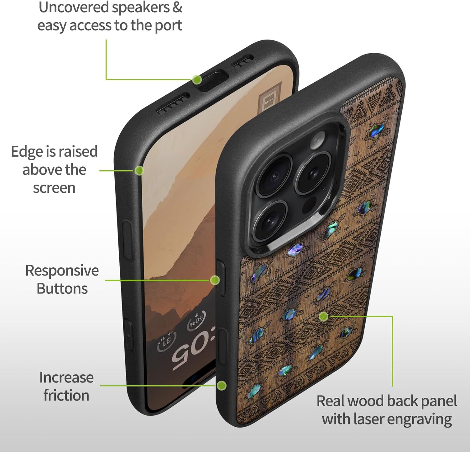Carveit Magnetic Case for iPhone 16 Pro Max Case, Wood Artisan Engraved & Handmade Shell Inlaid, TPU Shockproof Cover, Compatible with MagSafe Wireless Chargers (Sami Turtles) Walnut