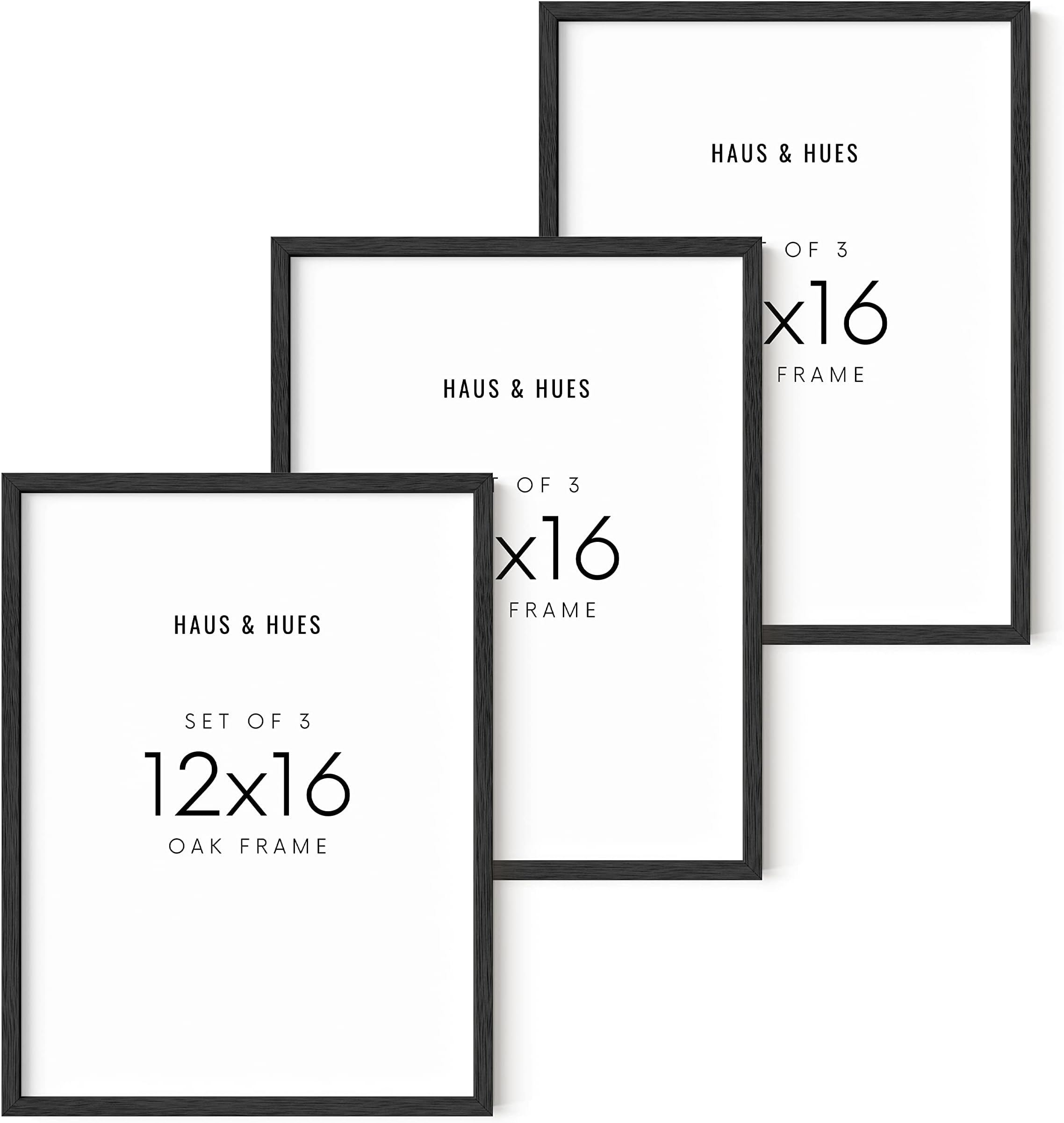 HAUS AND HUES 12"x16" Black Oak Wood Frames Set of 3 - Frame for 12x16 Print, Basic Black Poster Frame, 12x16 Wood Picture Frame, 12 x 16 Poster Frame, 12x16 Black Frame, 12x16 Picture Frame