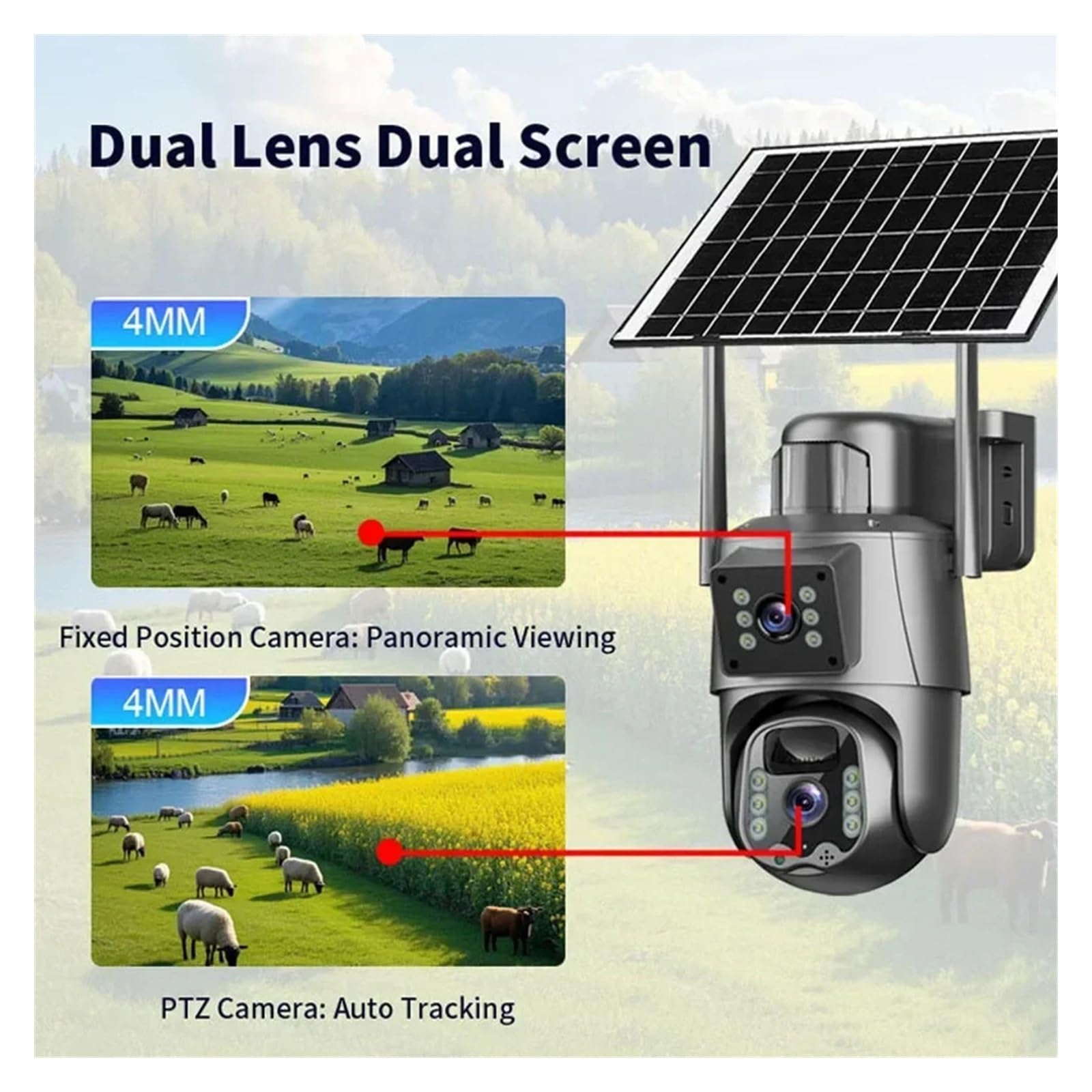 Cámara Solar de 6 MP 4G/WiFi, cámara vigilancia CCTV inalámbrica for Exteriores con Panel, Lente Dual, PTZ, IP, protección Seguridad para almacén Comercial(WiFi CAM No Card)