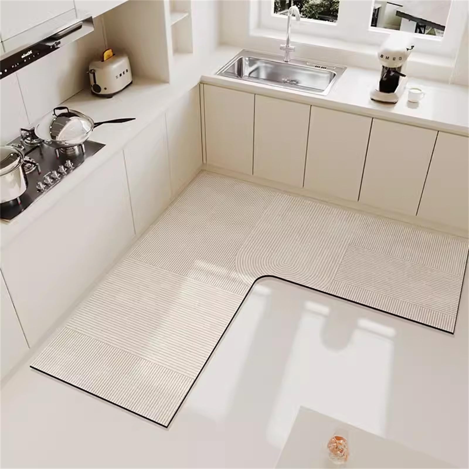 Küchenläufer l Form Waschbar, Küchenteppich Läufer Flur Rutschfest, Teppich Läufer für Küche Saugfähig Kieselgur Teppichläufer für Schlafzimmer Eingangsbereich (120*120cm,Künstlerische Linien)