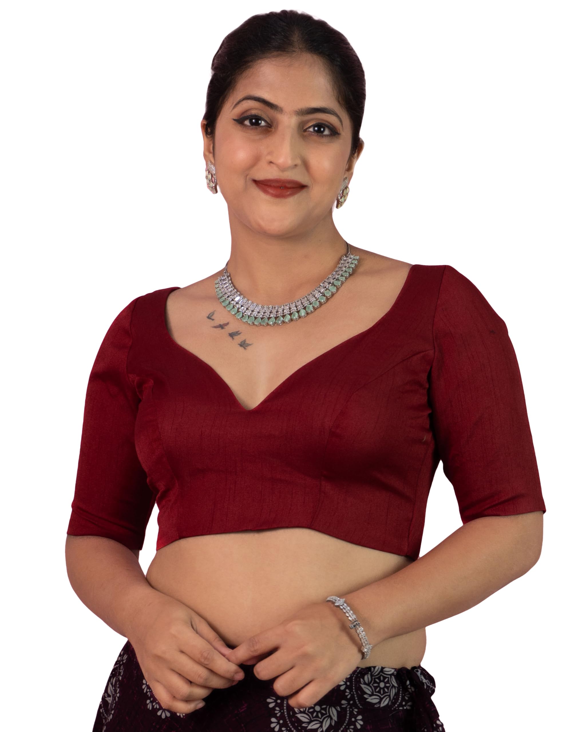FIGURE'S DESIGNER Women's Dupion Raw Silk Half Elbow Sleeves Sweetheart V Neck Sabyasachi Cut Readymade Saree Blouse S10