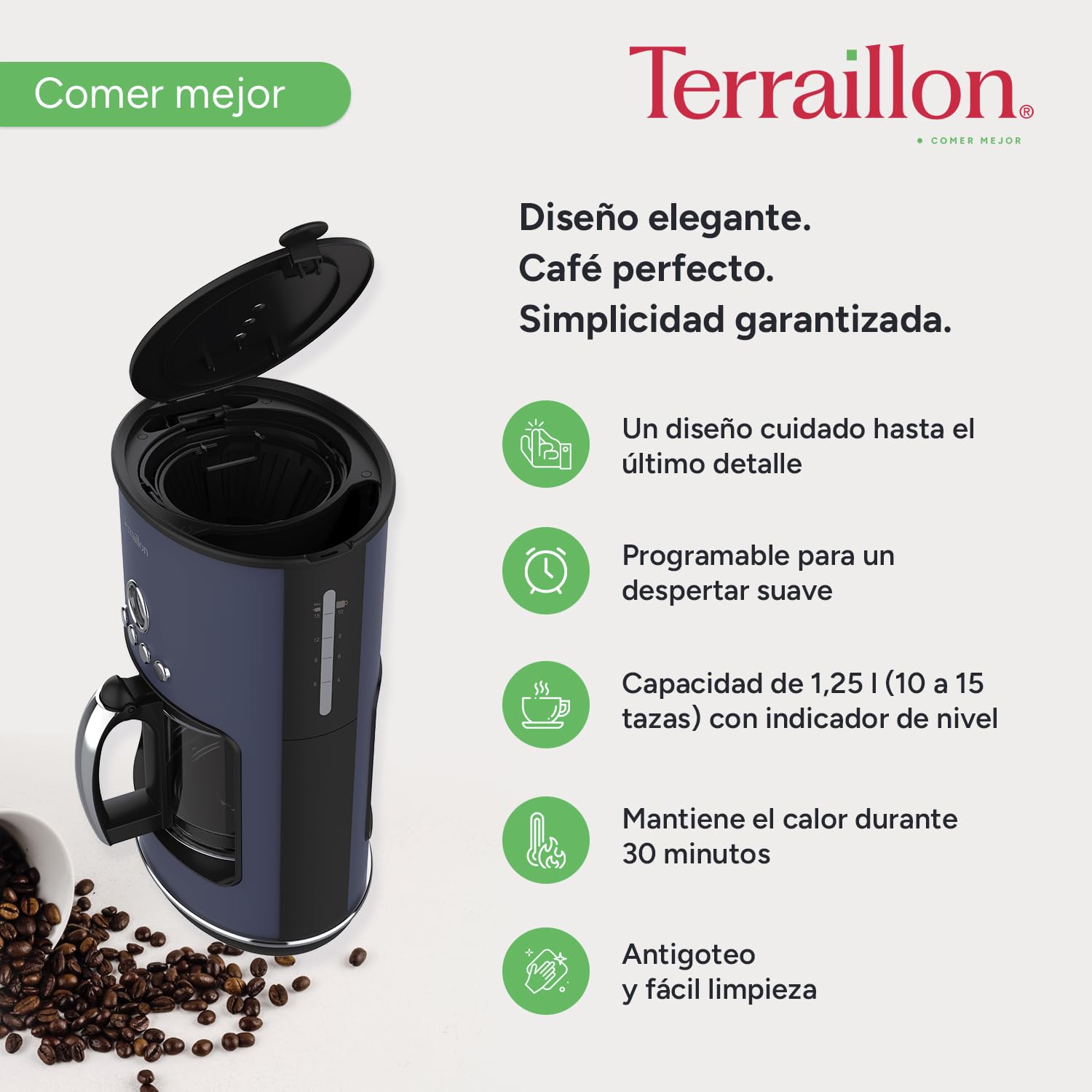 Terraillon - Cafetera de filtro eléctrico, programable, jarra de cristal, 1080 W, capacidad 1,25 L, mantenimiento caliente, función antigoteo, filtro extraíble, cuerpo de acero inoxidable pintado