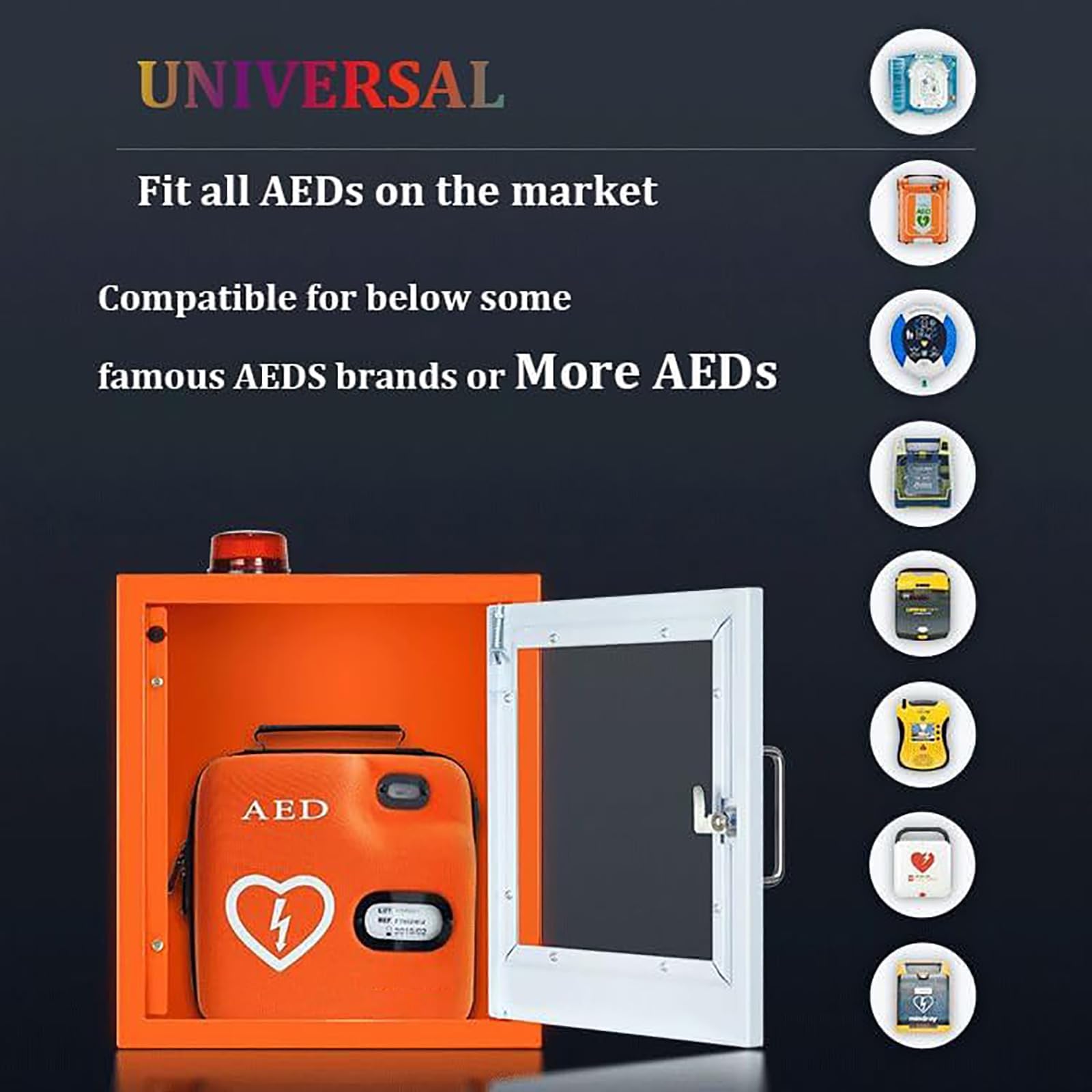 An der Wand montierter AED-Defibrillator-Aufbewahrungsschrank. Herz-Erste-Hilfe-Defibrillations-Alarmbox mit Schlüssel und Alarm, passend für die meisten AED-Modelle