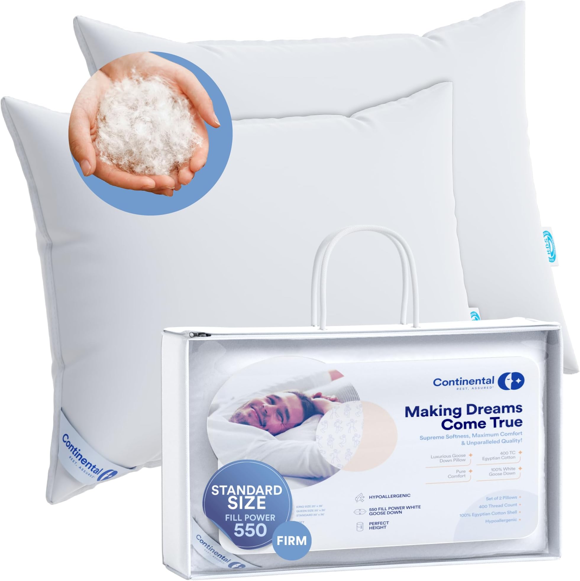Continental Bedding 100% Luxury Down Pillows 550 FP, Firm, Standard (Pack of 2), White 2 Count