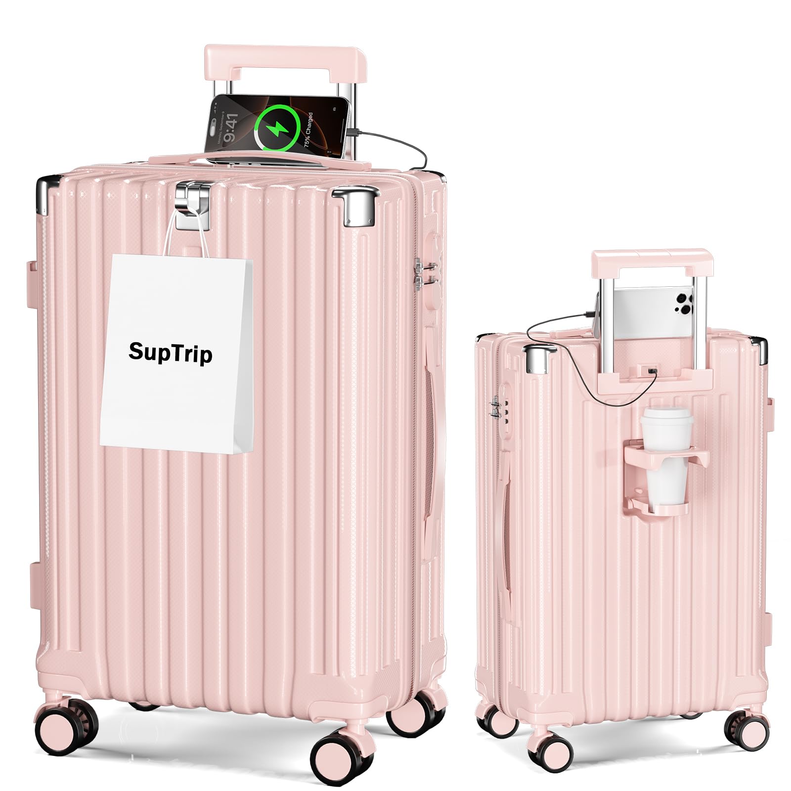 [SupTrip] スーツケース 機内持ち込み 多機能 キャリーケース 大型 超軽量 キャリーバッグ 耐衝撃 USBポート付き カップホルダー付き 充電機能 荷物フック 隠しフック機能 静音 ダブルキャスター 360度回転 修学 泊まる 旅行 出張 (ピンク, M (50L/3-6泊))