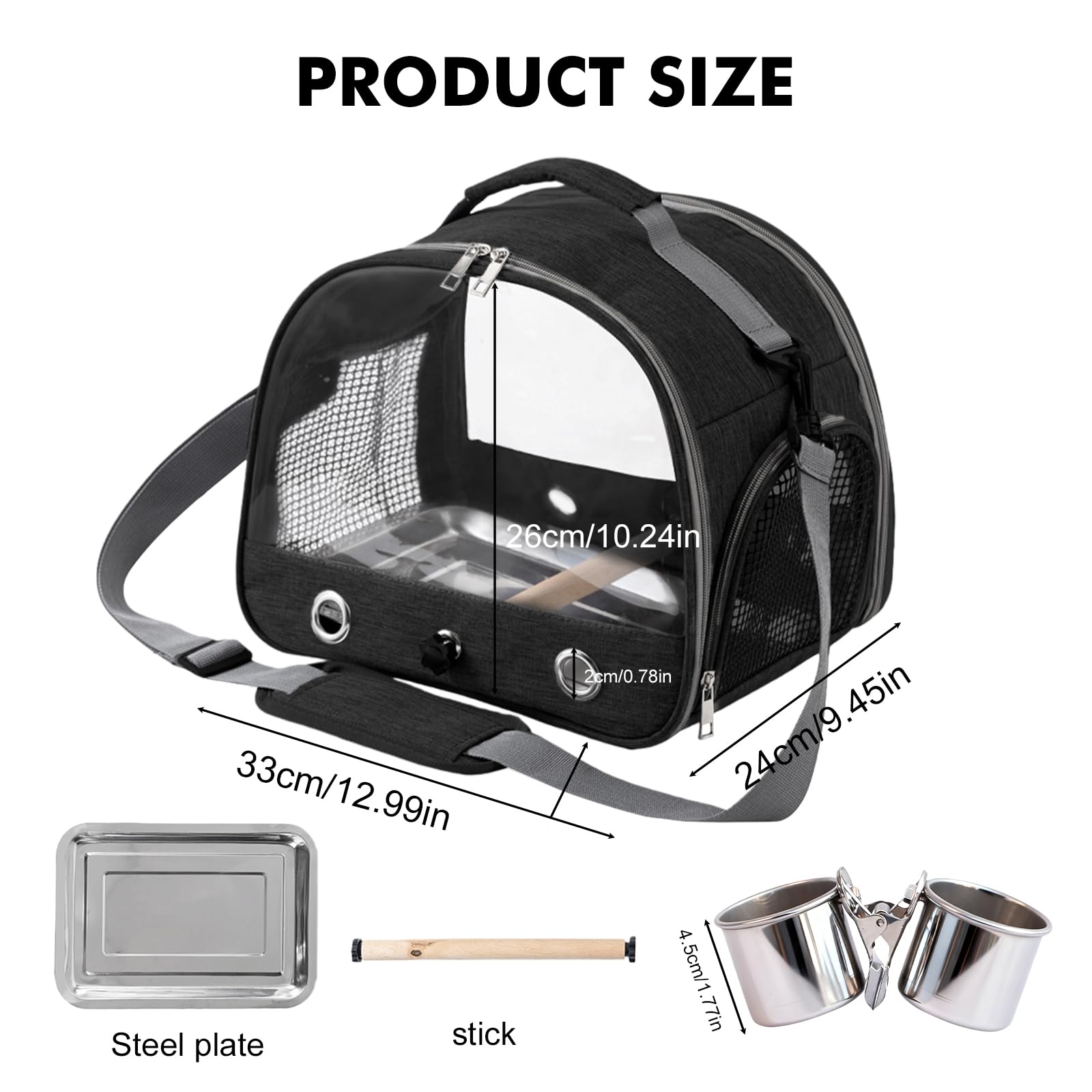 Transportbox Transportbehälter für Vögel: Rucksack für Vögel mit Sitzstange und Edelstahl Bank, leichte Atmungsaktiver Transportbox, Haustier Reisekäfig für Papageien Periquitos (Negro)