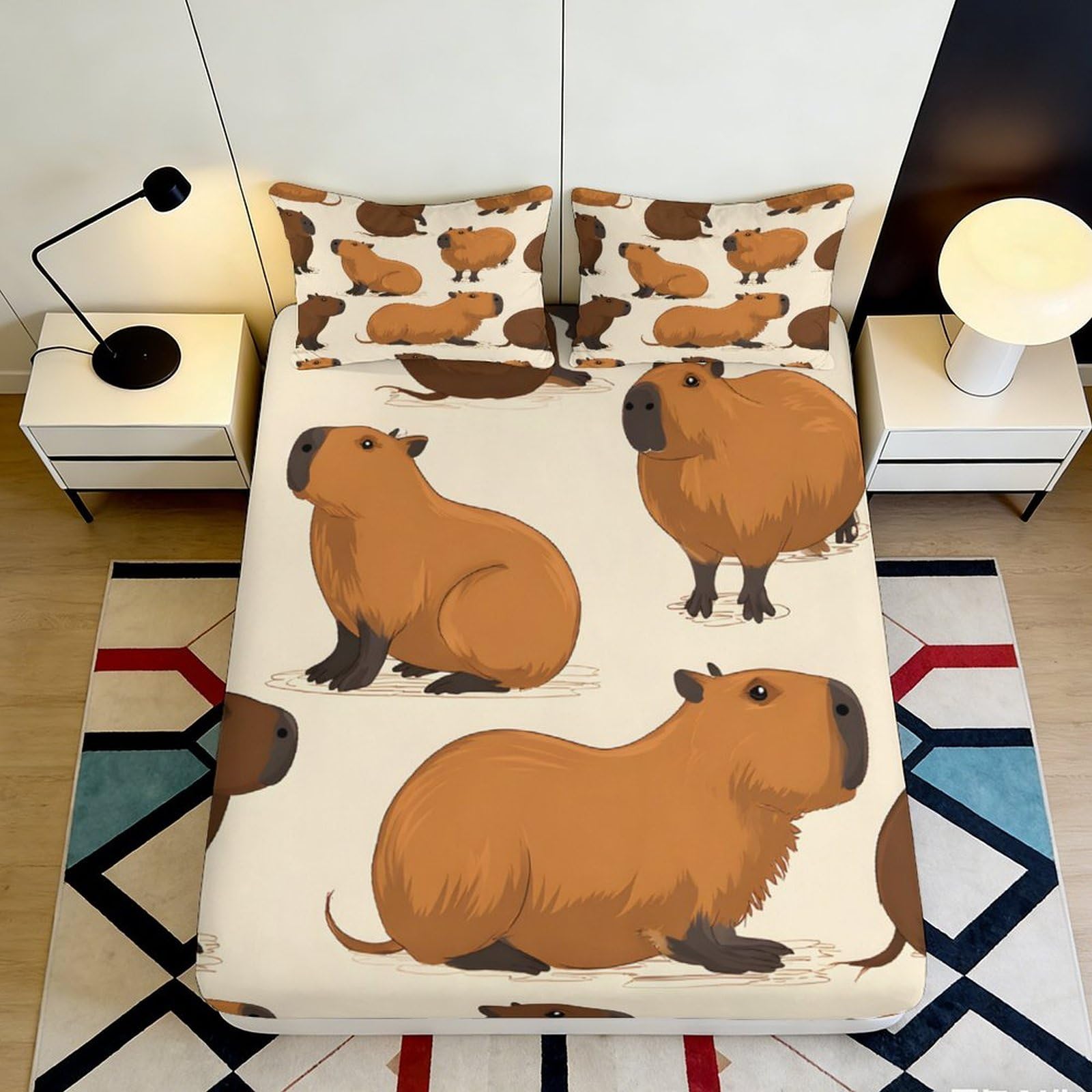3D Printed Capybara Animal Fitted Sheet Microfiber Soft Cartoon Rodent Mattress Cover for Bedroom Guest Dorm Decor 90x200x25cm