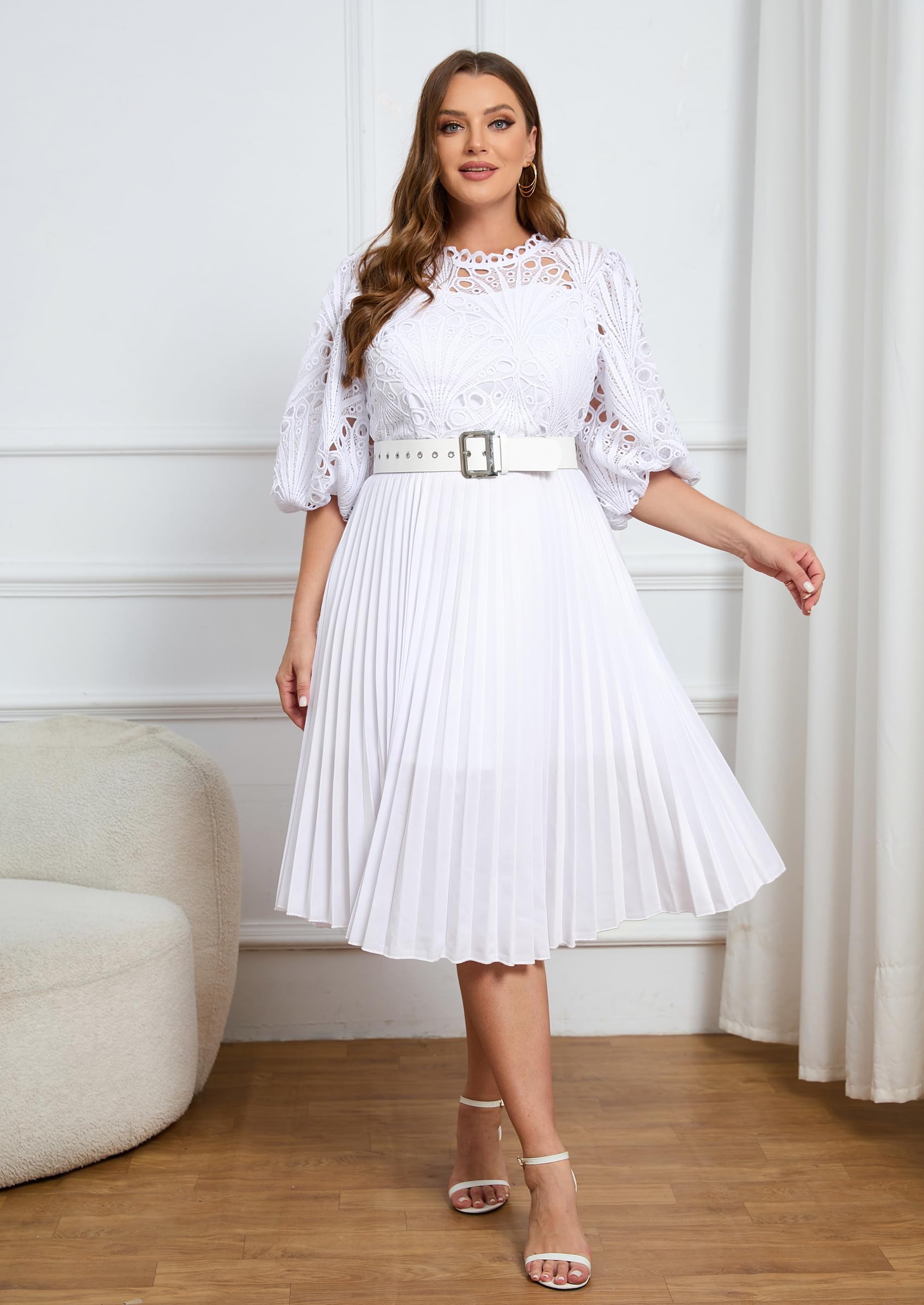 Kleid in Übergröße, Puffärmel, Spitze, plissiert, kurzärmelig, Übergröße, Midi-Kleid, hohles Party-Abendkleid