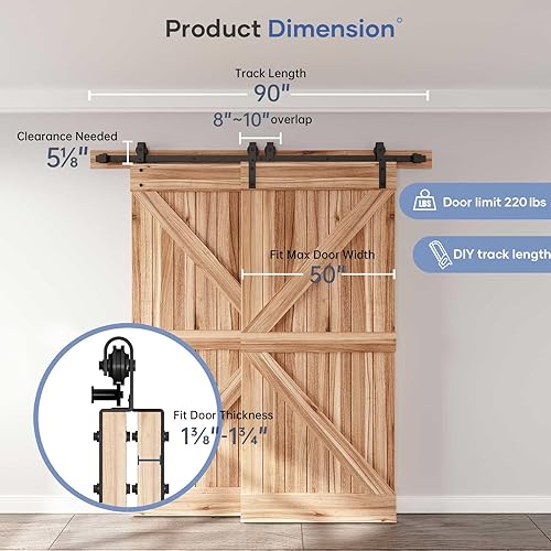 Miniatura 6 de EaseLife Kit de Herrajes para Puerta Corrediza de Granero Doble Bypass de 7.5 Pies, Riel Único, Se Desliza Suave y Silenciosamente, Fácil