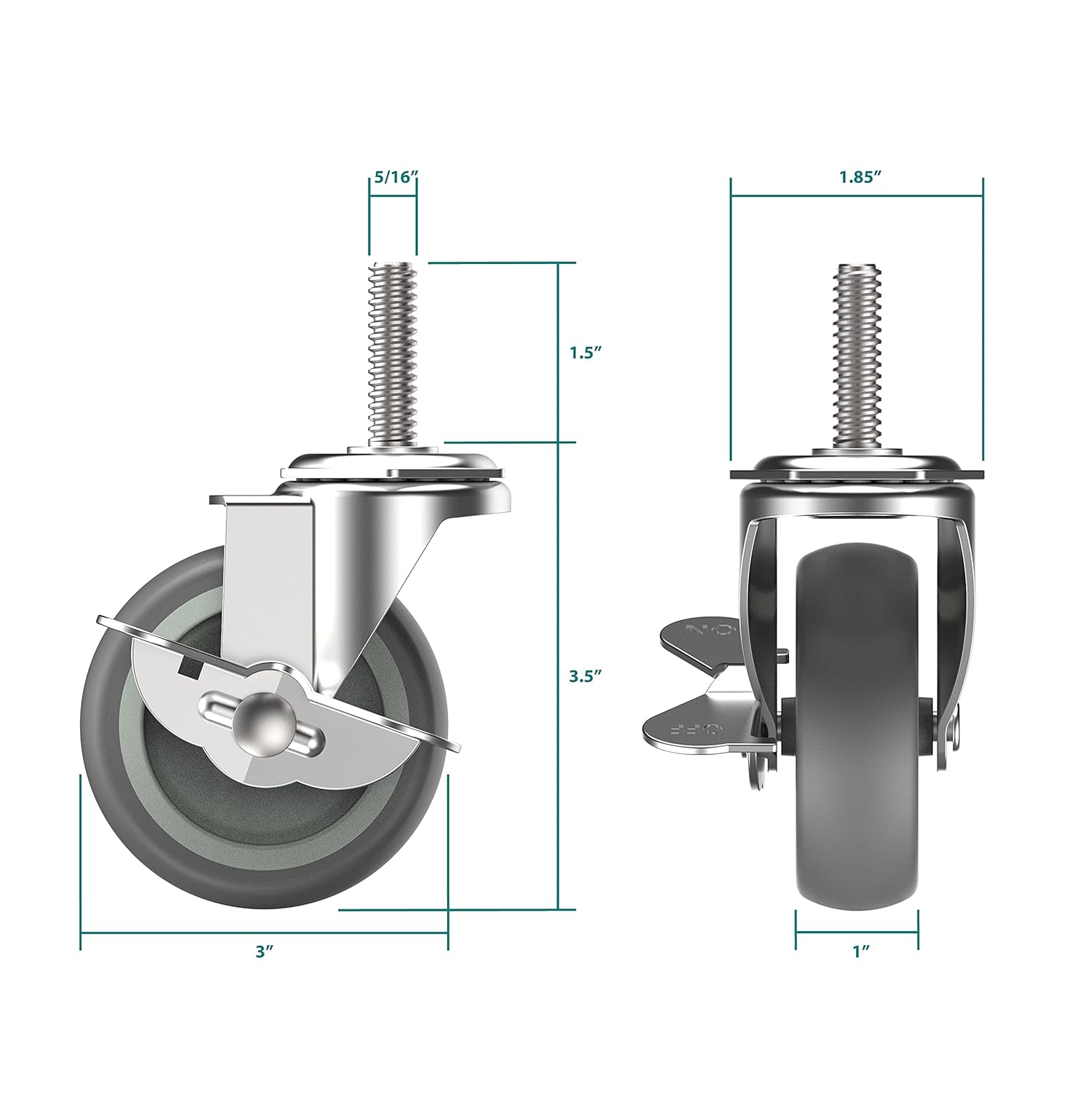 Caster Wheels 3 inch Locking Stem Casters, 5/16" -18 x 1-1/2" (Stem Diameter 5/16", Stem Length 1-1/2") Threaded Stem Casters Swivel Casters Set of 4 Heavy Duty Castors Gray: Industrial & Scientific