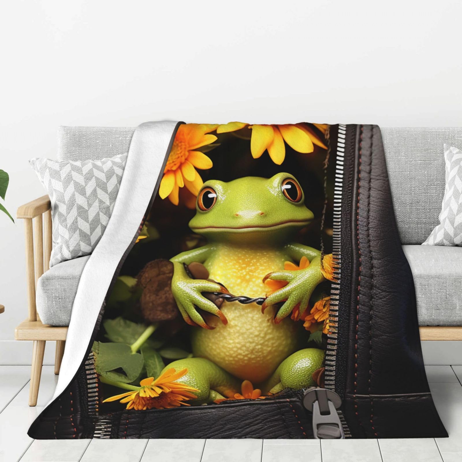 Frog Sitting Inside Zipper with Flowers Inside Throw Blanket Plush Flannel Fleece Blanket, Soft Lightweight Cozy Blankets 80"X60" for Bed Couch Sofa Travel