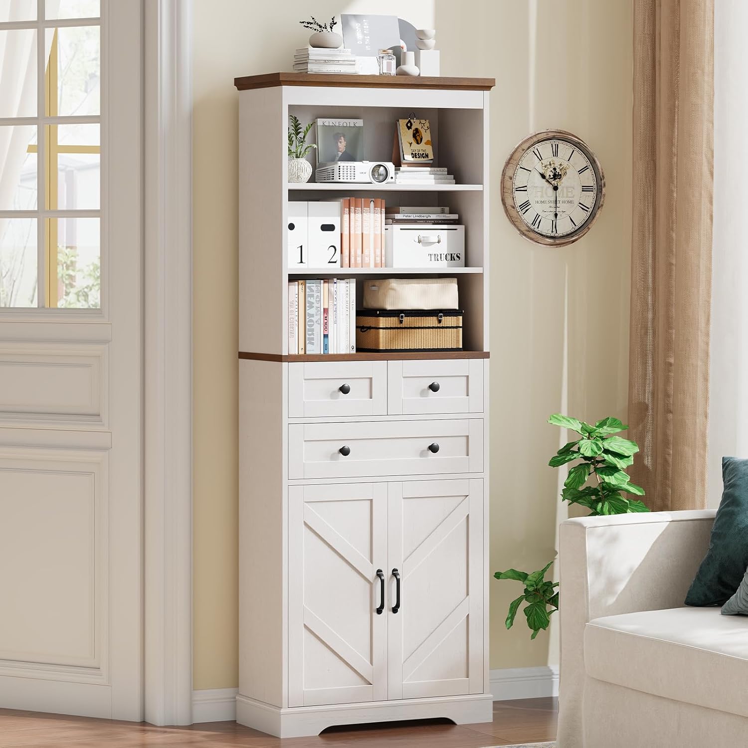 Vabches 70" Tall Bathroom Storage Cabinet, Farmhouse Bathroom Cabinet with 3 Drawers, Adjustable Shelves & Doors, 3 Tier Wood Cabinets for Bathroom, Living Room, Rustic White