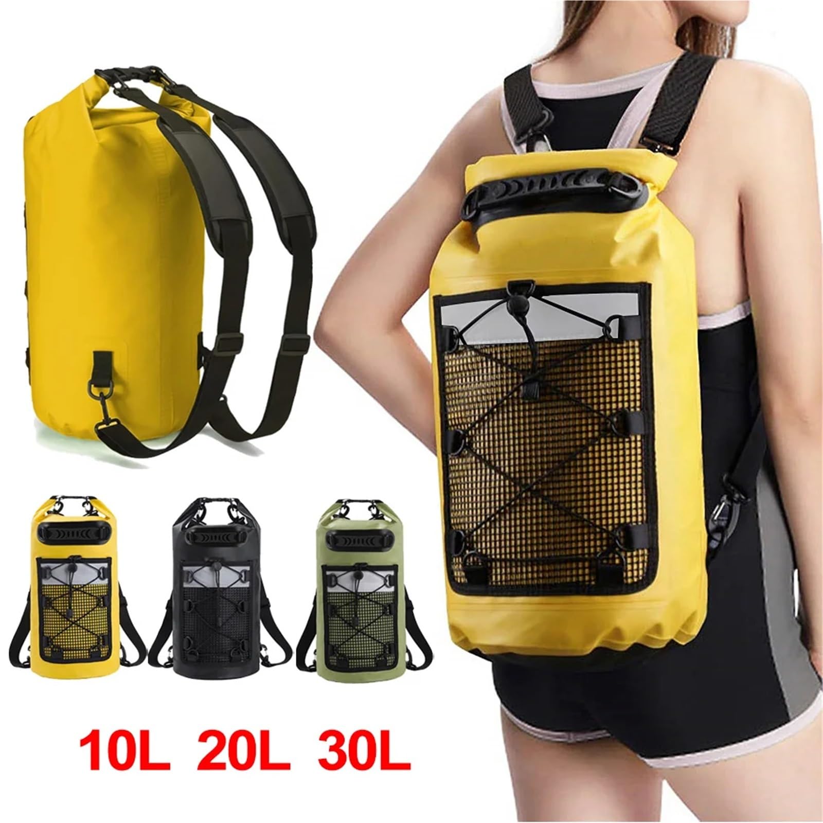 Dry Bag Schwimmen PVC Pack Dry Bag Rucksack for Frauen Männer 10L 20L wasserdichte Schulter Kajak Trekking Driften Rafting Surfen Bootfahren Tasche(30L Black)