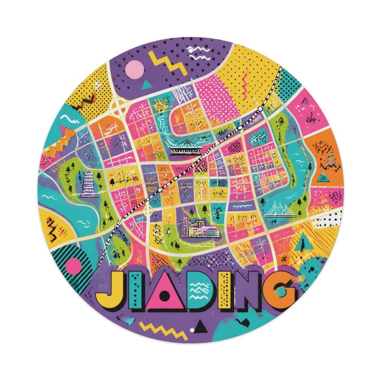 Okngb Style Shanghai Jiading District Monochrome Map Retro Lines Metal Tin Sign Plaque Wall Decor For Cafe, Man Cave, Club Bar, Office, Home Garden Round Metal Poster 8X8inch