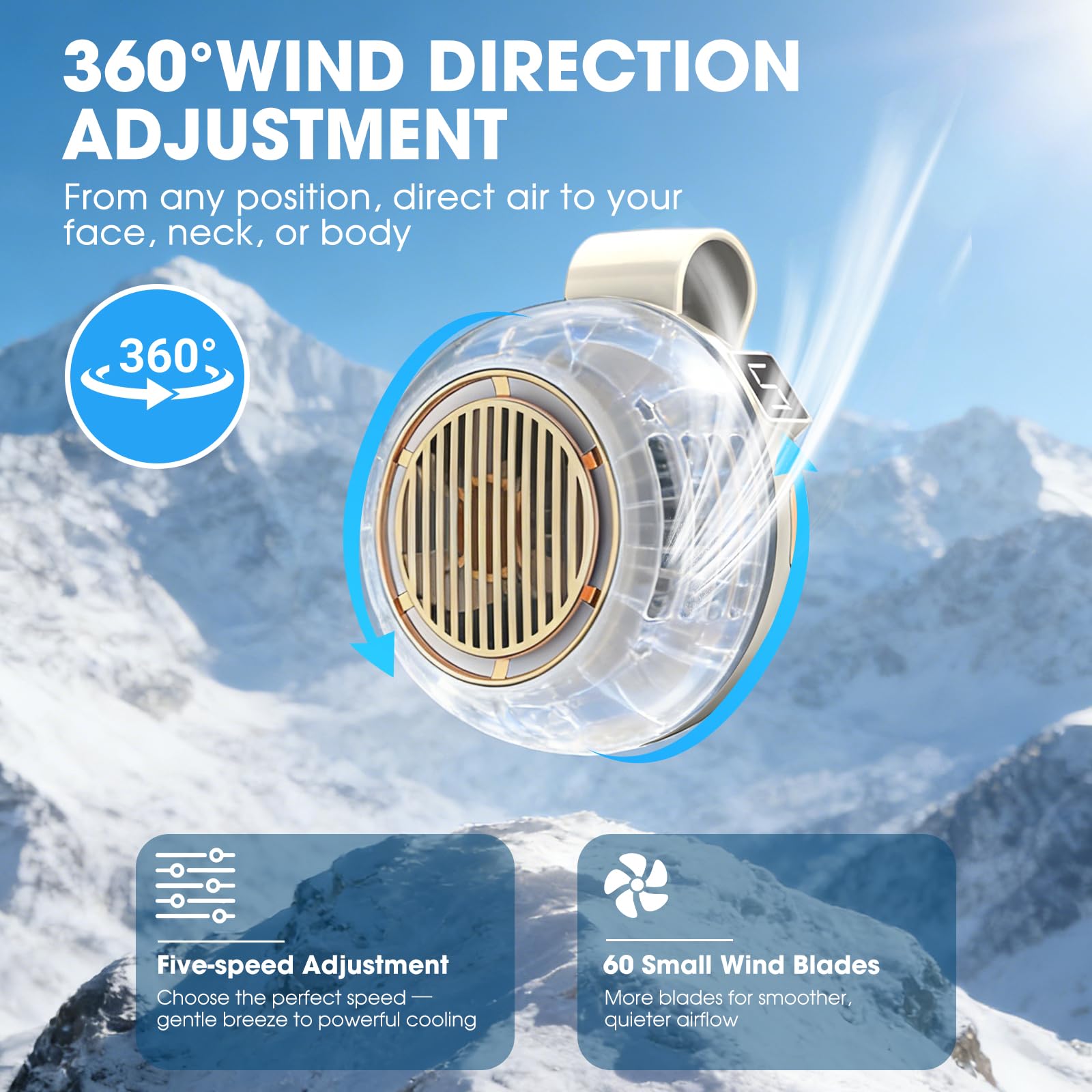Mini ventilatore portatile silenzioso senza pale, con clip, ricaricabile tramite USB, girevole a 360°, 2026, regolabile, 3 velocità, sospeso, ventole di raffreddamento per esterni, viaggi e